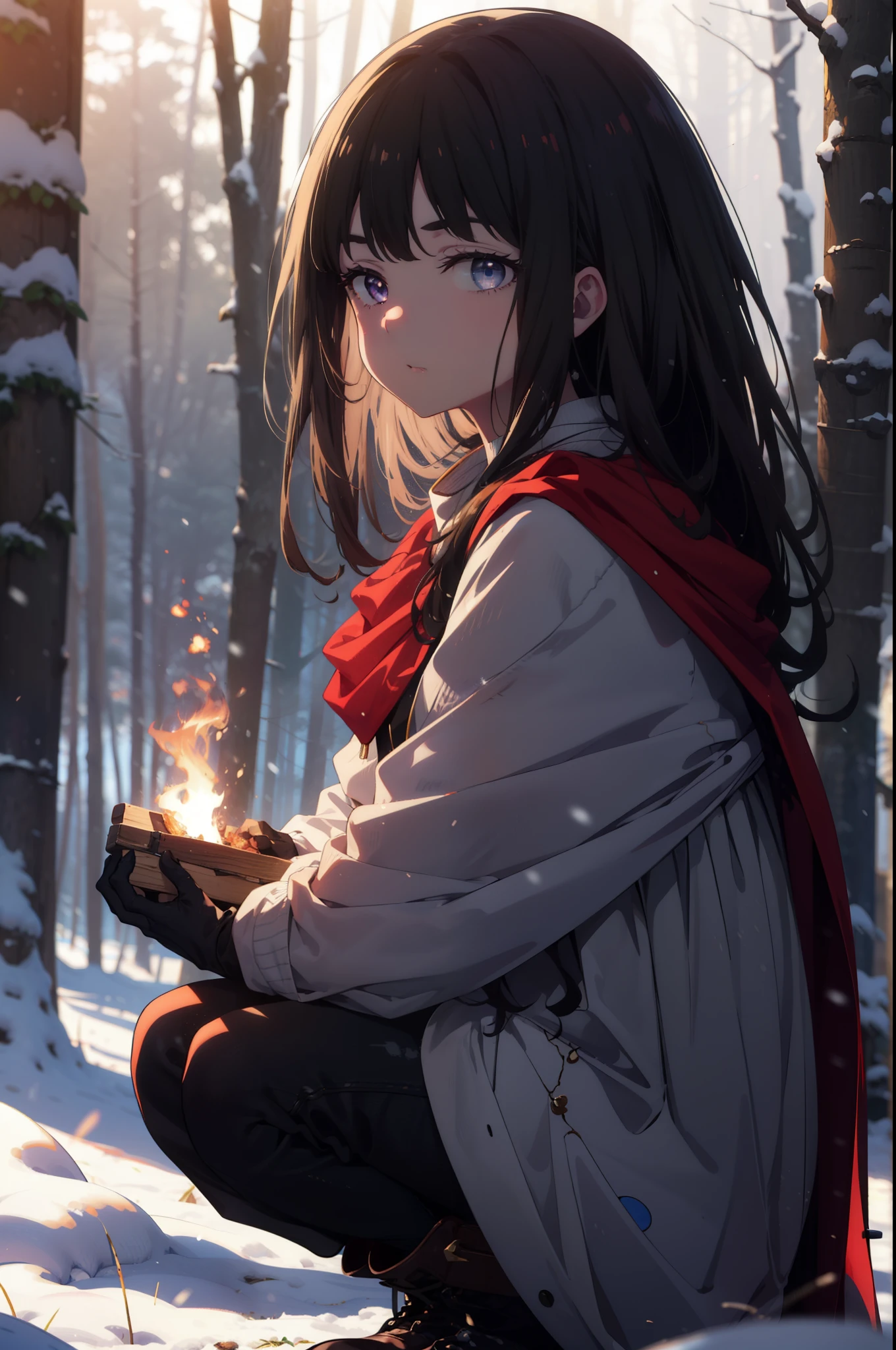 Takiuchi, Inoue Check, Long Hair, bangs, Black Hair, (Purple eyes:1.2),
Open your mouth,snow, fire, Outdoor, boots, snowing, From the side, wood, suitcase, Cape, Blurred, Food up, forest, gloves, nature, Brown eyes, Squat, Mouth closed, フードed Cape, winter, Written boundary depth, Black shoes, red Cape break looking at viewer, Upper Body, whole body, break Outdoor, forest, nature, break (masterpiece:1.2), highest quality, High resolution, unity 8k wallpaper, (shape:0.8), (Beautiful and beautiful eyes:1.6), Highly detailed face, Perfect lighting, Extremely detailed CG, (Perfect hands, Perfect Anatomy),