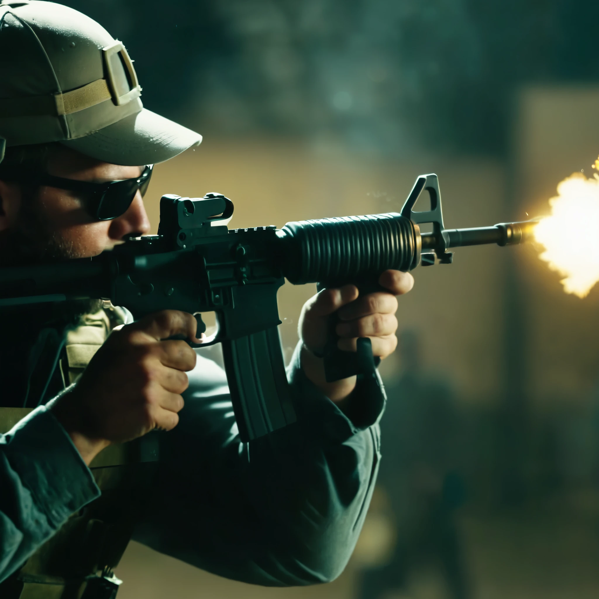 cinematic film still of  M16 Rifle series a man is shooting a gun rifle with a cinematic muzzle flash from gun barrel perfection, shallow depth of field, vignette, highly detailed, high budget, bokeh, cinemascope, moody, epic, gorgeous, film grain, grainy