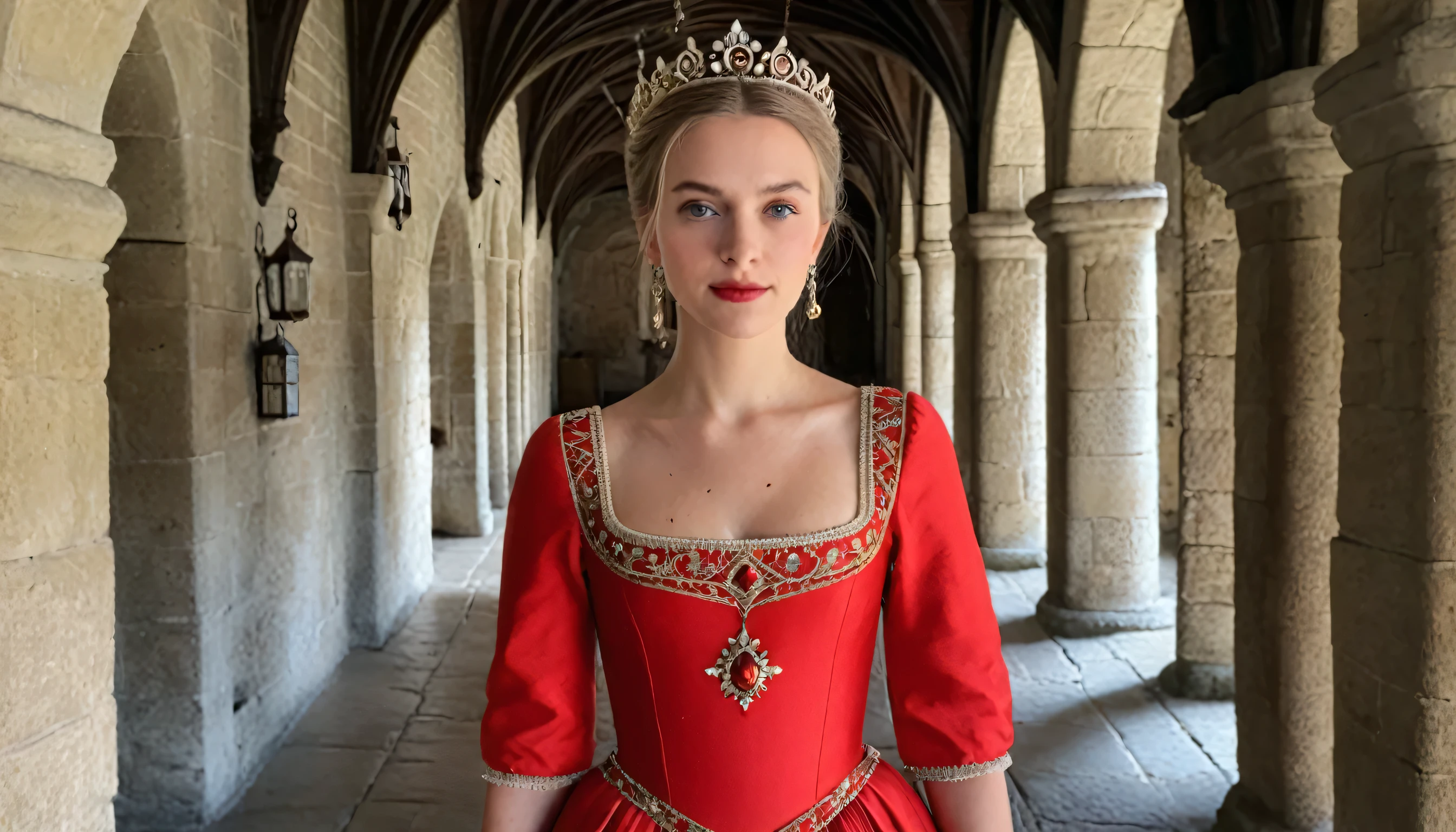 Photo of a european princess standing in a medieval hall , wearing a red dress , detailed face , decorations, taken on an iphone 15 pro max