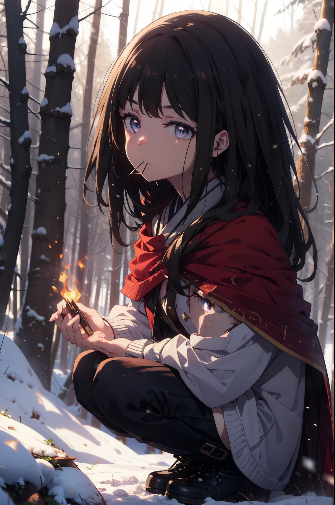 Takiuchi, Inoue Check, Long Hair, bangs, Black Hair, (Purple eyes:1.2),
Open your mouth,snow, fire, Outdoor, boots, snowing, From the side, wood, suitcase, Cape, Blurred, forest,  nature, Brown eyes, Squat, Mouth closed, Cape, winter, Written boundary depth, Black shoes, red Cape break looking at viewer, Upper Body, whole body, break Outdoor, forest, nature, break (masterpiece:1.2), highest quality, High resolution, unity 8k wallpaper, (shape:0.8), (Beautiful and beautiful eyes:1.6), Highly detailed face, Perfect lighting, Extremely detailed CG, (Perfect hands, Perfect Anatomy),
