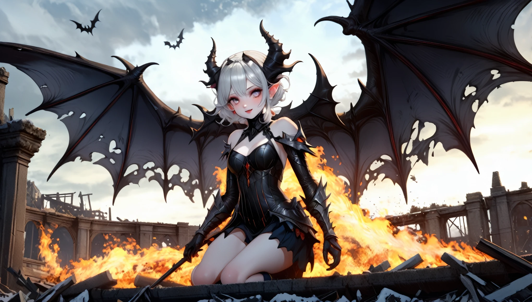 ((highest quality)),(Ultra-high resolution),(Very detailed),(Detailed Description),((The best CG)),(A masterpiece),Ultra-precise art,Amazing drawing art,(Fantasy art with intricate detail:1.5), Abandoned Ruins, disaster々A blazing bonfire, (A female demon with large bat wings:1.4),(Cold Smile:1.4),(pale skin:1.8)