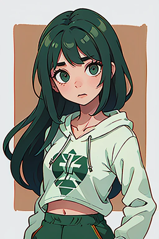 21 years old girl, brown hari and green eyes, skinny using a green hoodie, background plain blue, full body t-pose