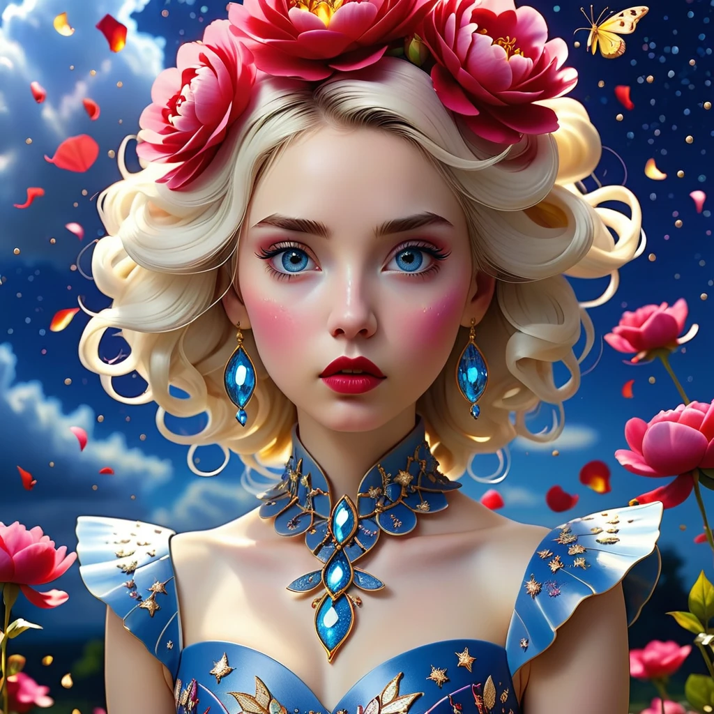 

Surreal portrait of a girl 20 years old with a look, where the pupils are replaced by vortices, 
reminiscent of the starry sky, 
streams of mercury from the corners of the eyes, 
porcelain skin, eyebrows made of miniature butterflies, lips made of scarlet rose petals, hair in the form of a living snake, dress made of peony petals, crystal shoes, standing on a chessboard with living people instead of pieces and the sky, cut by lightning with golden rain. 