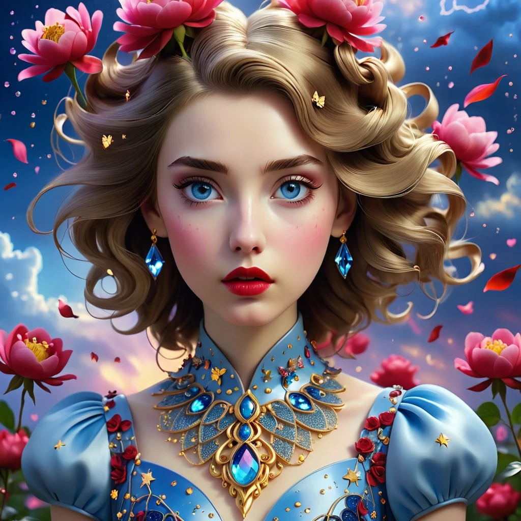 Surreal portrait of a girl 20 years old with a look, where the pupils are replaced by vortices,
reminiscent of the starry sky,
streams of mercury from the corners of the eyes,
porcelain skin, eyebrows made of miniature butterflies, lips made of scarlet rose petals, hair in the form of a living snake, dress made of peony petals, crystal shoes, standing on a chessboard with living people instead of pieces and the sky, cut by lightning with golden rain.