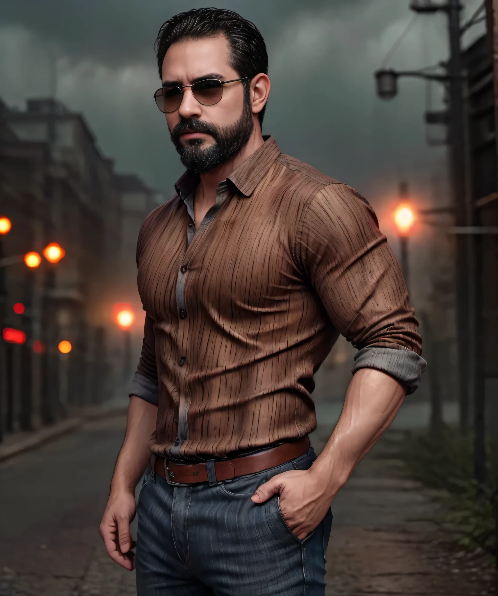 (best quality,highres,masterpiece:1.2),(bokeh,blurred background),Upper body,Hands in pants pockets,38-year-old man,bearded,square sunglasses,Action movie,wooden shirt,electric storm,background.

detail depiction：A detailed description of a 38-year-old、Man with beard，He was wearing a wooden shirt.，Wearing square sunglasses，Hands in pockets。There is an electrical storm in the background，Between lightning and thunder，Dynamic。

Art style：Action movie scenes，Incorporating thrilling elements。

Color tone：High contrast colors can be used，Highlight the effect of lightning and thunder。

light：You can use side lighting or back lighting to highlight the silhouette of the character.。