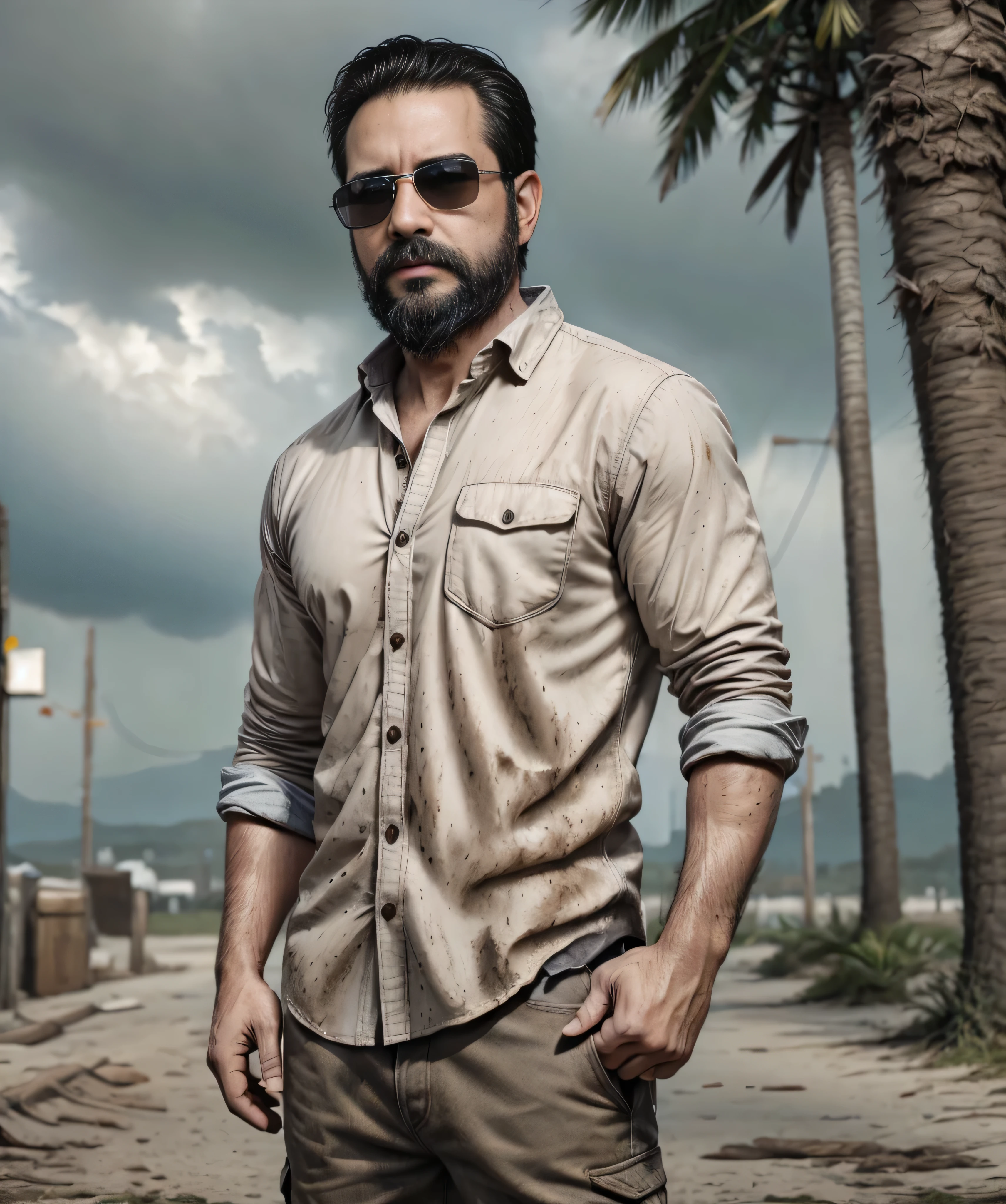 highres,ultra-detailed,photorealistic,concept artists,blurry background,(top half body,upper body),hands in pants pockets,bearded 38-year-old man with square sunglasses,dirty shirt,
action movie,electric storm,wooden shirt