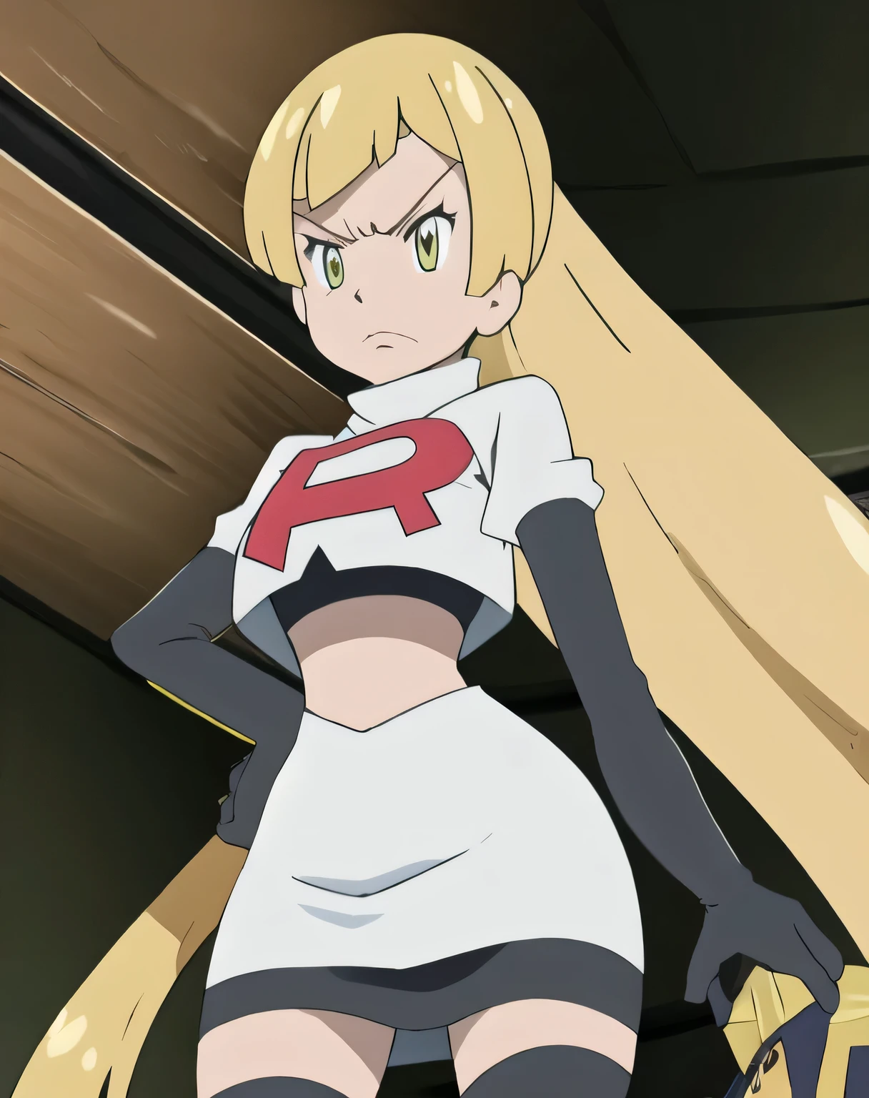 8k, masterpiece,highres,team rocket uniform, red letter r, white skirt,white crop top,black thigh-high boots, black elbow gloves, glaring angrily, looking down at viewer, hands on hips, cowboy shot, zettai ryouiki,from below, black panties,anime style, vivid colors, sharp focus, intense lighting,Mariabell Crois