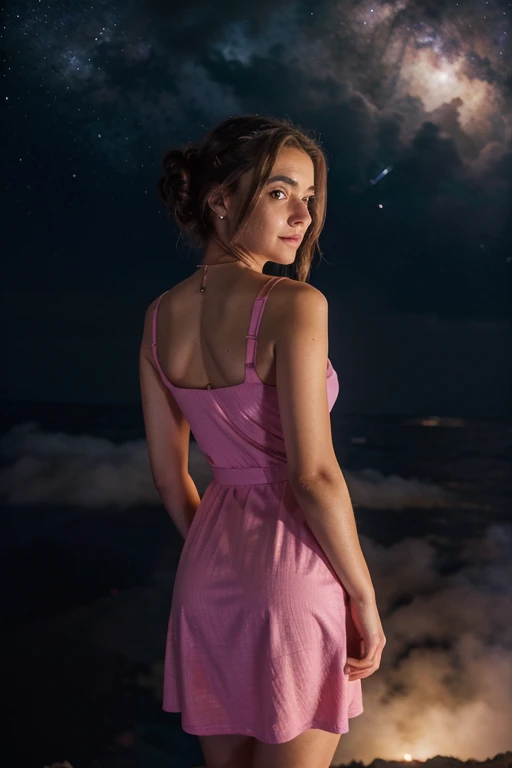 alegre, standing, arms behind the back,meio penteado, She is wearing a knee-length pink dress, no navio, com uma nebulosa, at night, Tiro de corpo inteiro, Vista frontal