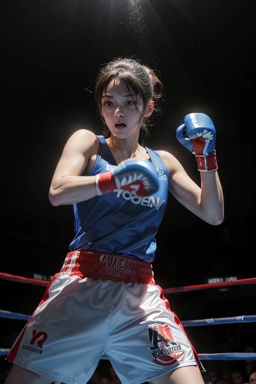 **give**: Women's Boxing, Rendered in highly detailed 4K, Experience some intense moments at the Greek Colosseum. When she raises her fist, Her radiant skin and fine features stand out.. The background is vivid with strong sunlight, Showcase a Colosseum packed with spectators.