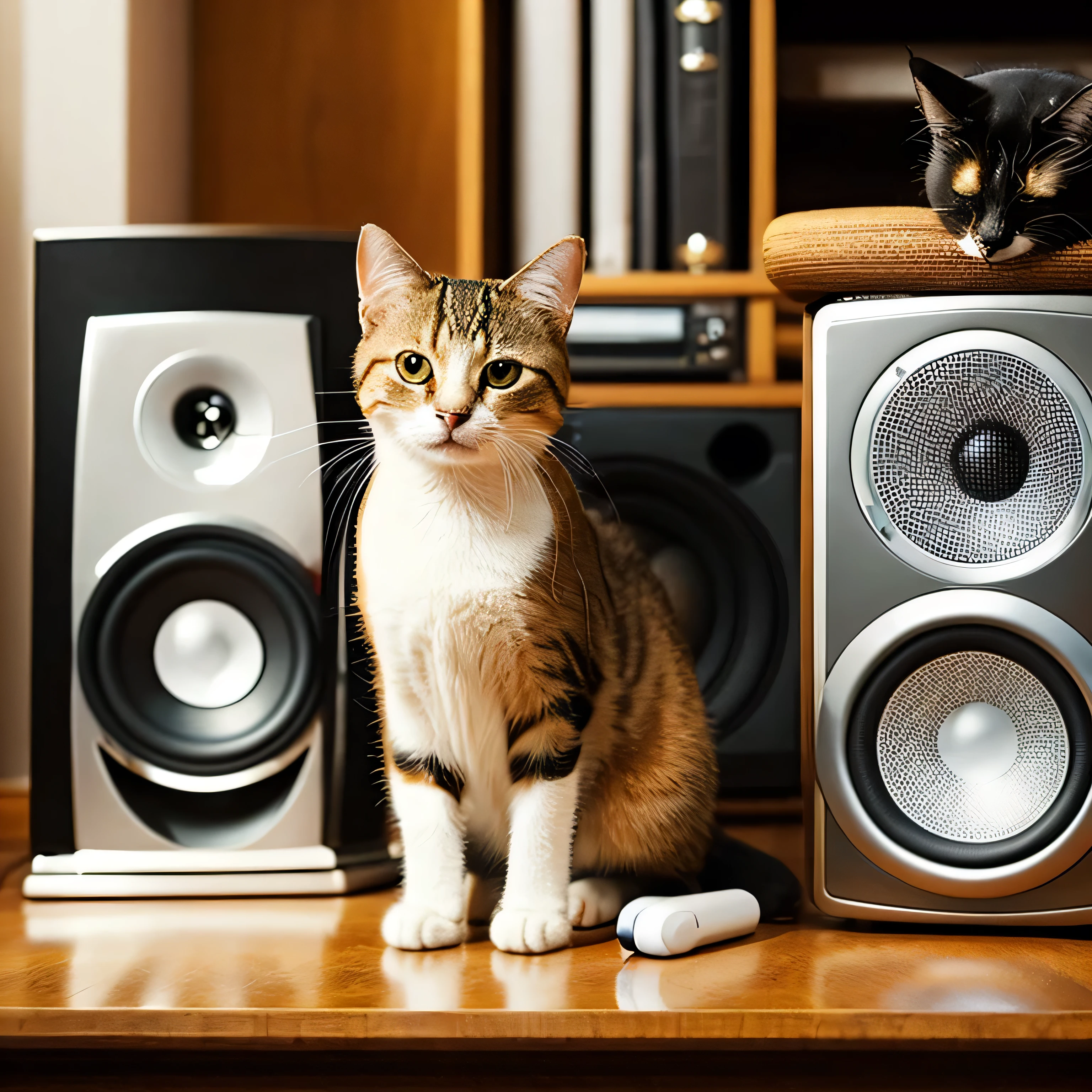 Cat wearing headphones sitting on a speaker、Sepia、relax