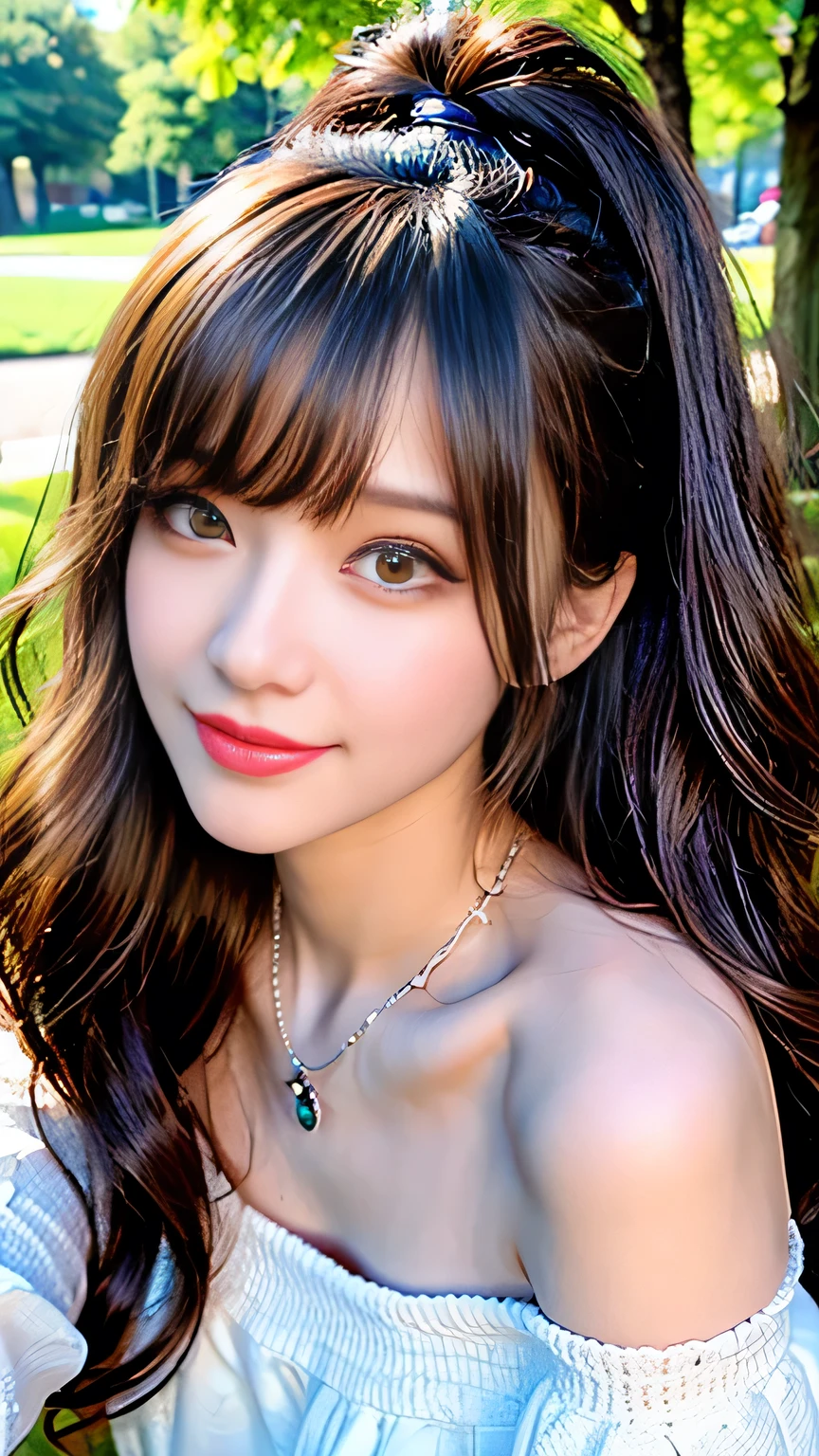 Full body camera angle、((highest quality、8K、Masterpiece: 1.3))、concentrate: 1.2、Cute Girl 1、Nipple erection、Perfect beauty: 1.4、Colorful off-the-shoulder T-shirtini skirt: 1.2、Long sleeve、Randall Color、Comics&Text Graphics、Black ruffle trim drawstring zip blouse、1.1、Highly detailed face and skin textures、fine grain、double eyelid、Whitening skin、highest quality、Ultra-high resolution、you、One girl、one person、_Shiny skin、Iris、necklace、Full body angle、walk in the park、 ((Brown_length_Wavy_hair)),(lips))、eyelash、bangs、process、Correction、Shine、pores、Skin type、Big Breasts、smile、lively、Selfie