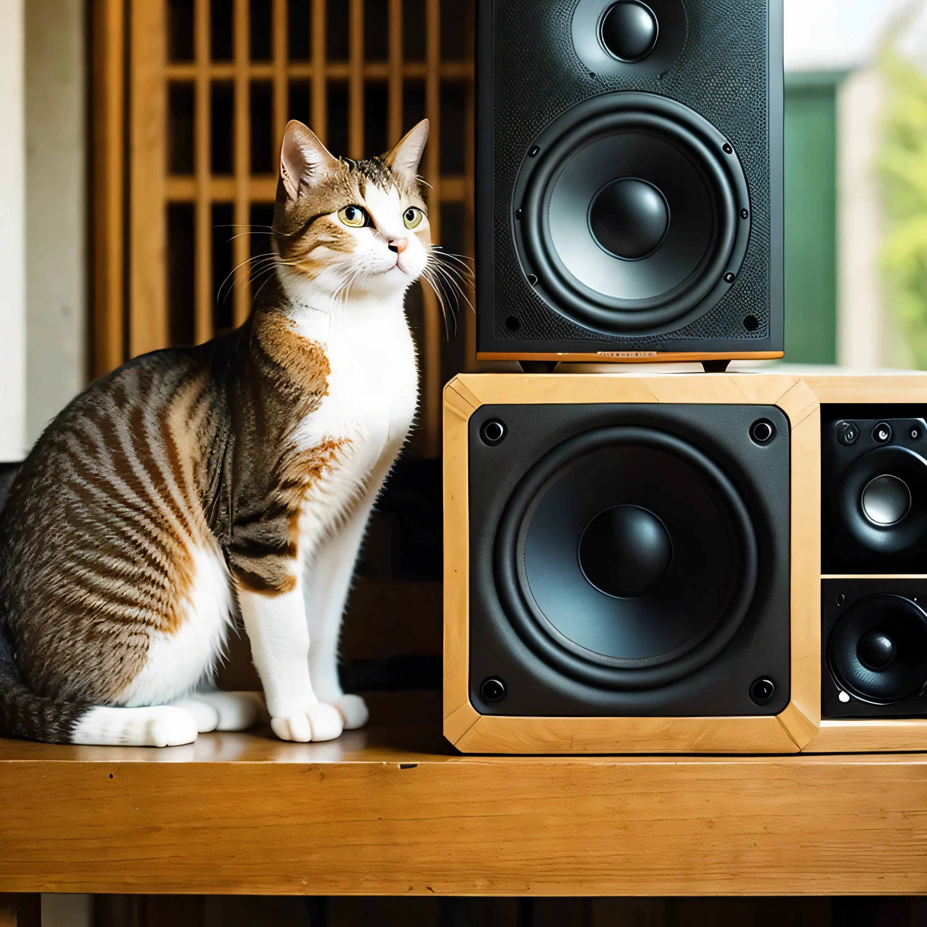 Cat wearing headphones sitting on a speaker、Sepia、relax