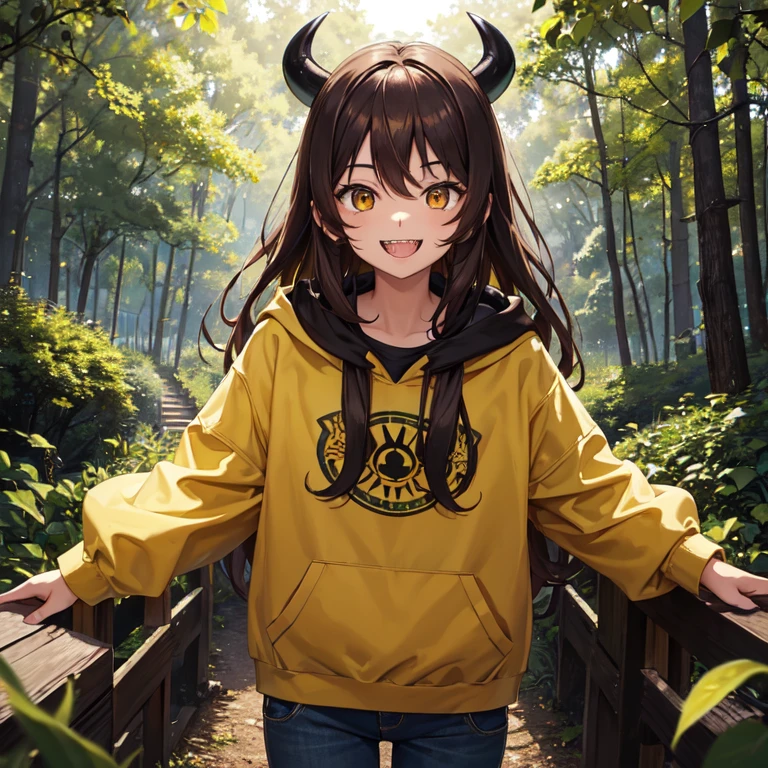 Masterpiece, A  girl with brown long hair, with a big smile on his face, yellow eyes, best eyes, sharp teeth, with horns, wears a green hoodie and farmer jeans, looking at the viewer, sunny day, in the forest