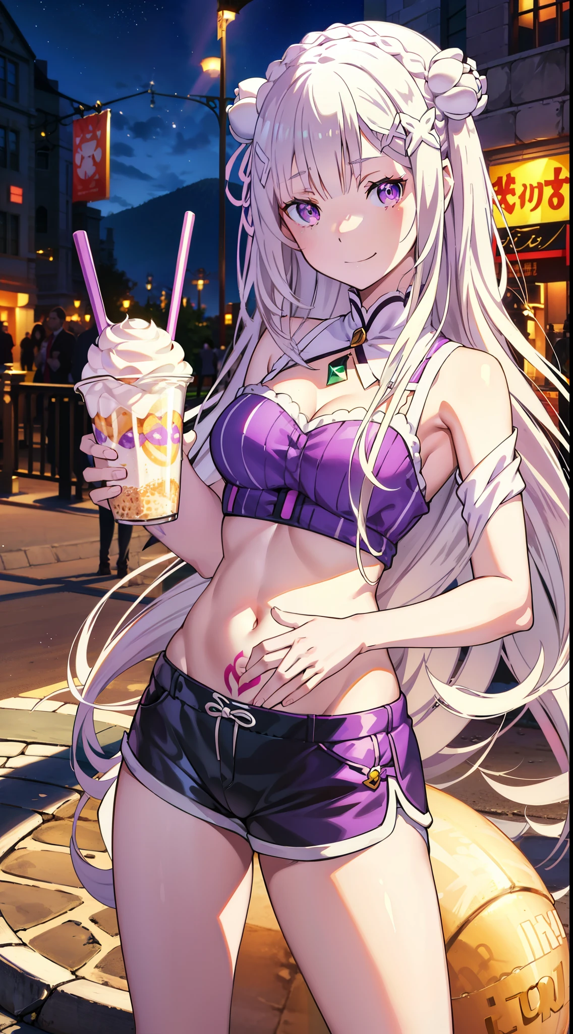 Emilia re:zero, purple eyes, Emilia, crown braid, x hair ornament, flower hair ornament, white hair, long hair, medium breasts, young girl, Long white hair, white tanktop, open belly, Shorts, tattoo, smirk, milkshake, park background, Masterpiece, hiquality, 4k, HD, Good detail