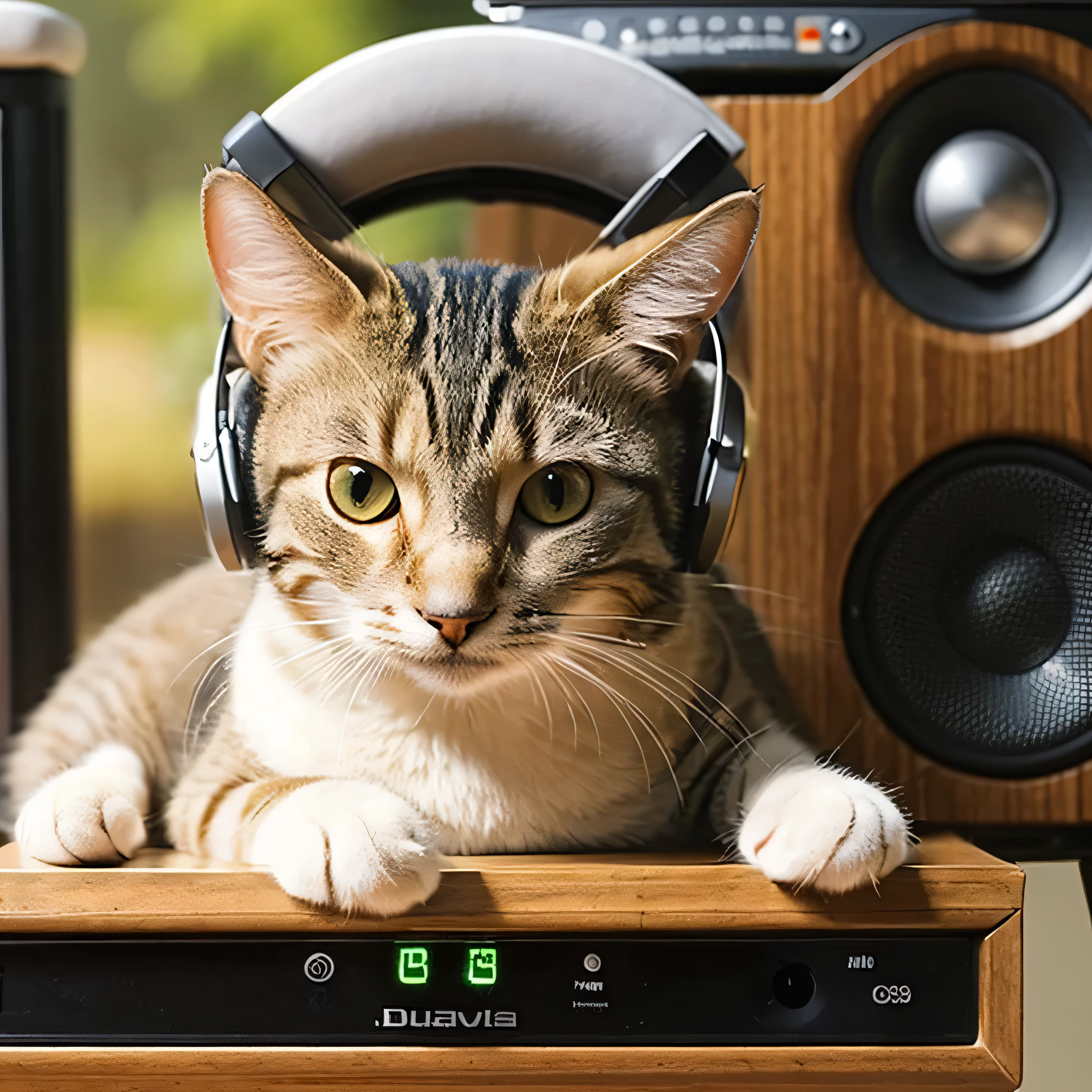Cat wearing headphones sitting on a speaker、Sepia、relax、Face close-up