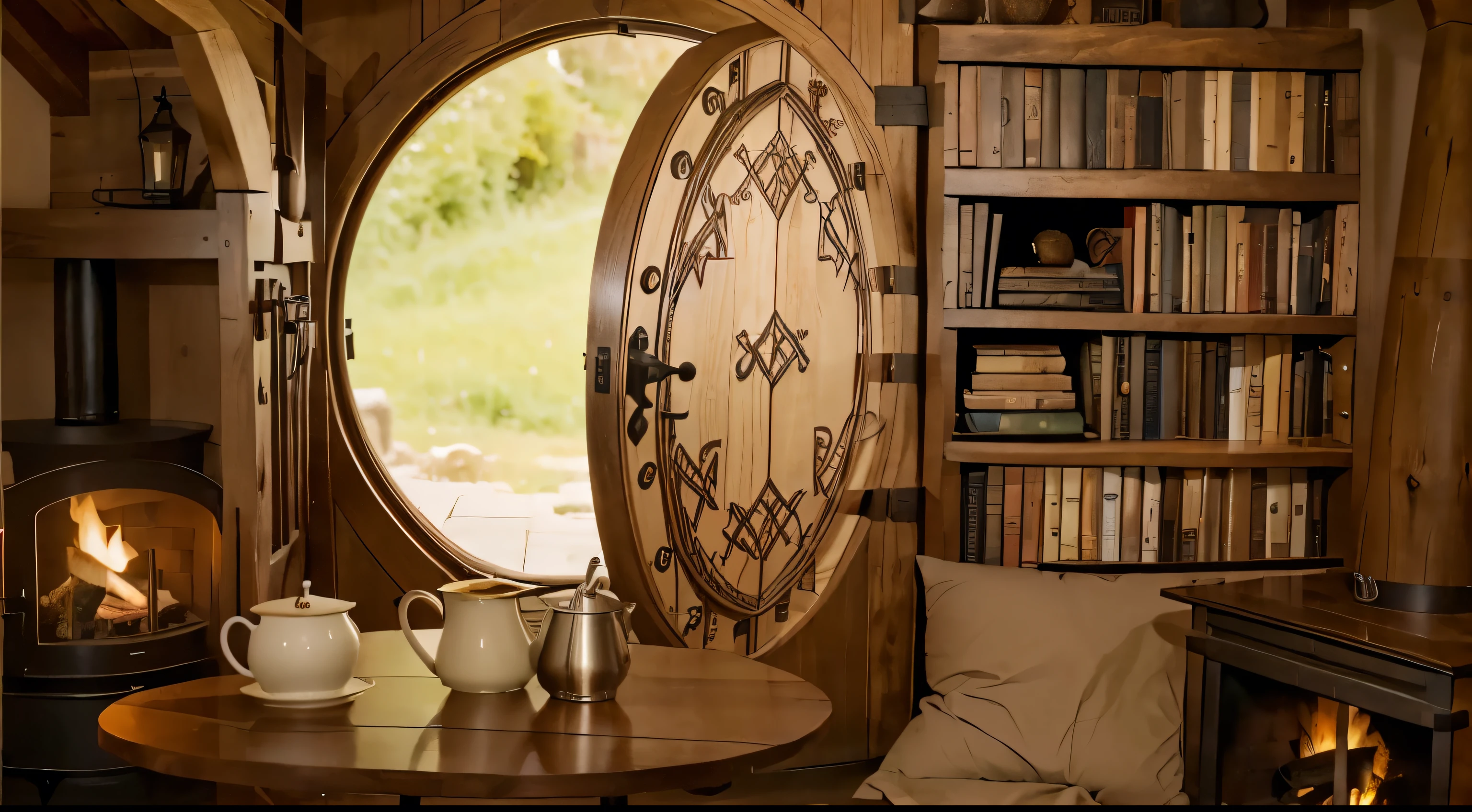 a cozy hobbit hideout, a large hoobit rounded door, a table with cup, coffee can a candle, a cozy bed, two side fireplaces, a bookshelf, a pretty celtic woodwork