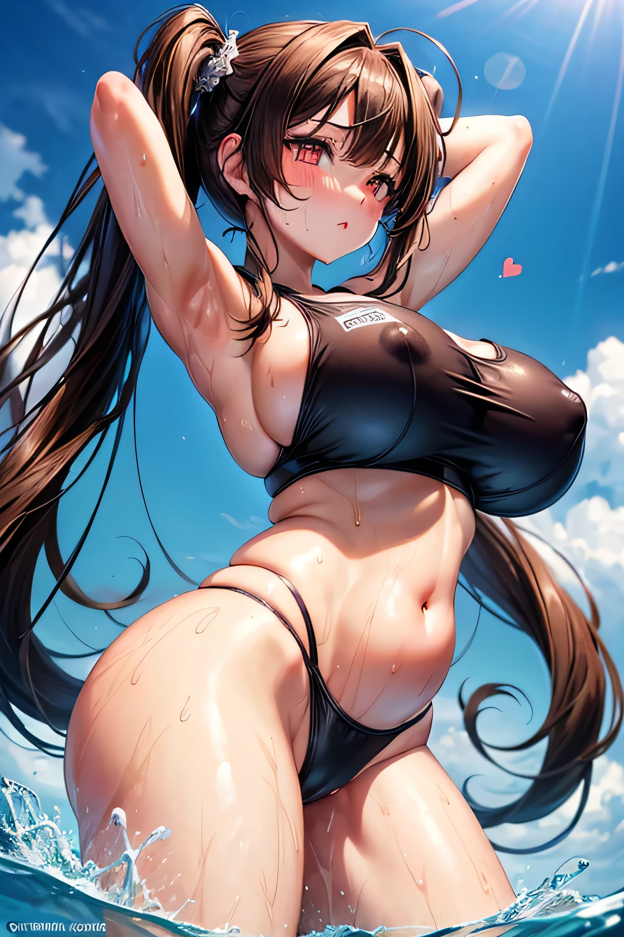 High resolution, high quality, One girl, Anime Girls, dark brown hair,long hair,twintails,dark brown eyes,heart shaped pupils, Large Breasts,beautiful breasts,long nipples, (Big Ass),beautiful ass,sweat,wet,Embarrassed,[[During pregnancy]],highleg school swimsuit,standing,arms behind head,(water),