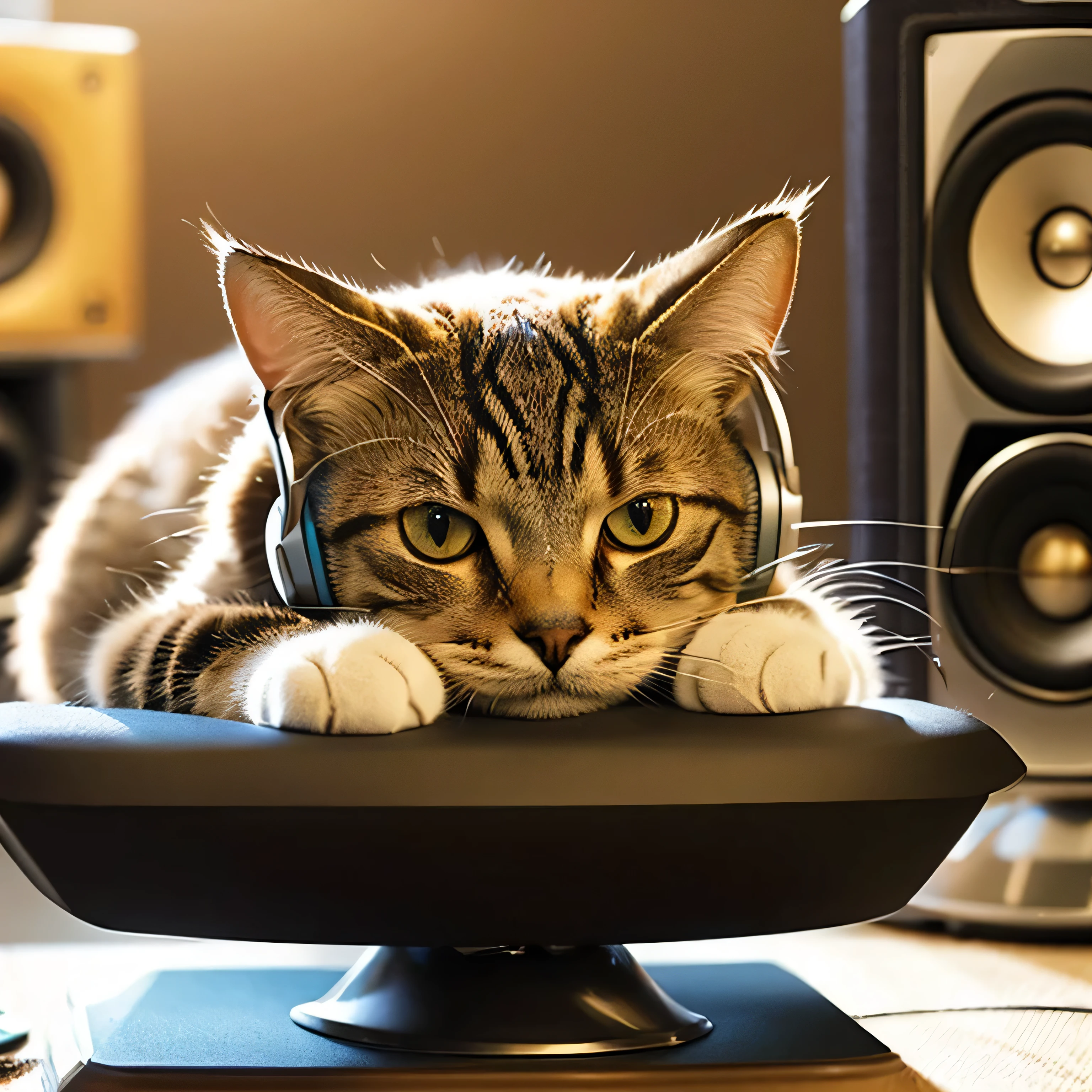Cat wearing headphones sitting on a speaker、Sepia、relax、Face close-up