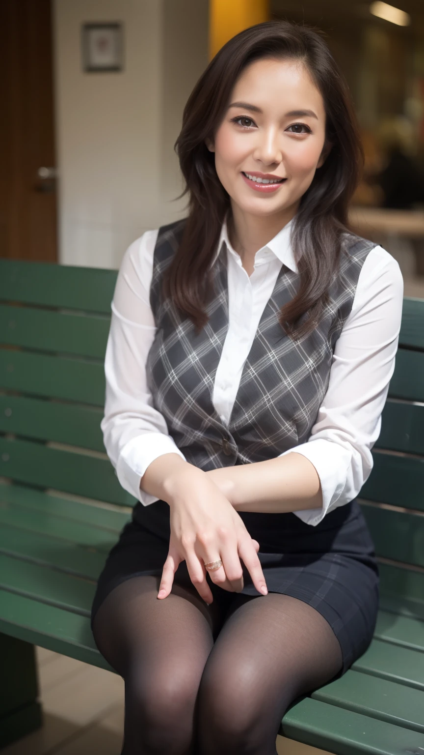 Ulchan-6500-v1.1, (RAW photo:1.2), (Photoreal), (genuine:1.4), １girl、perfect anatomy、48 years old、look at the camera、medium long hair、Plaid vest、black mini skirt, ((sit on a bench :1.1))、(super realistic gray pantyhose:1.2), 、(business services)、(affectionate smile:1.2)、