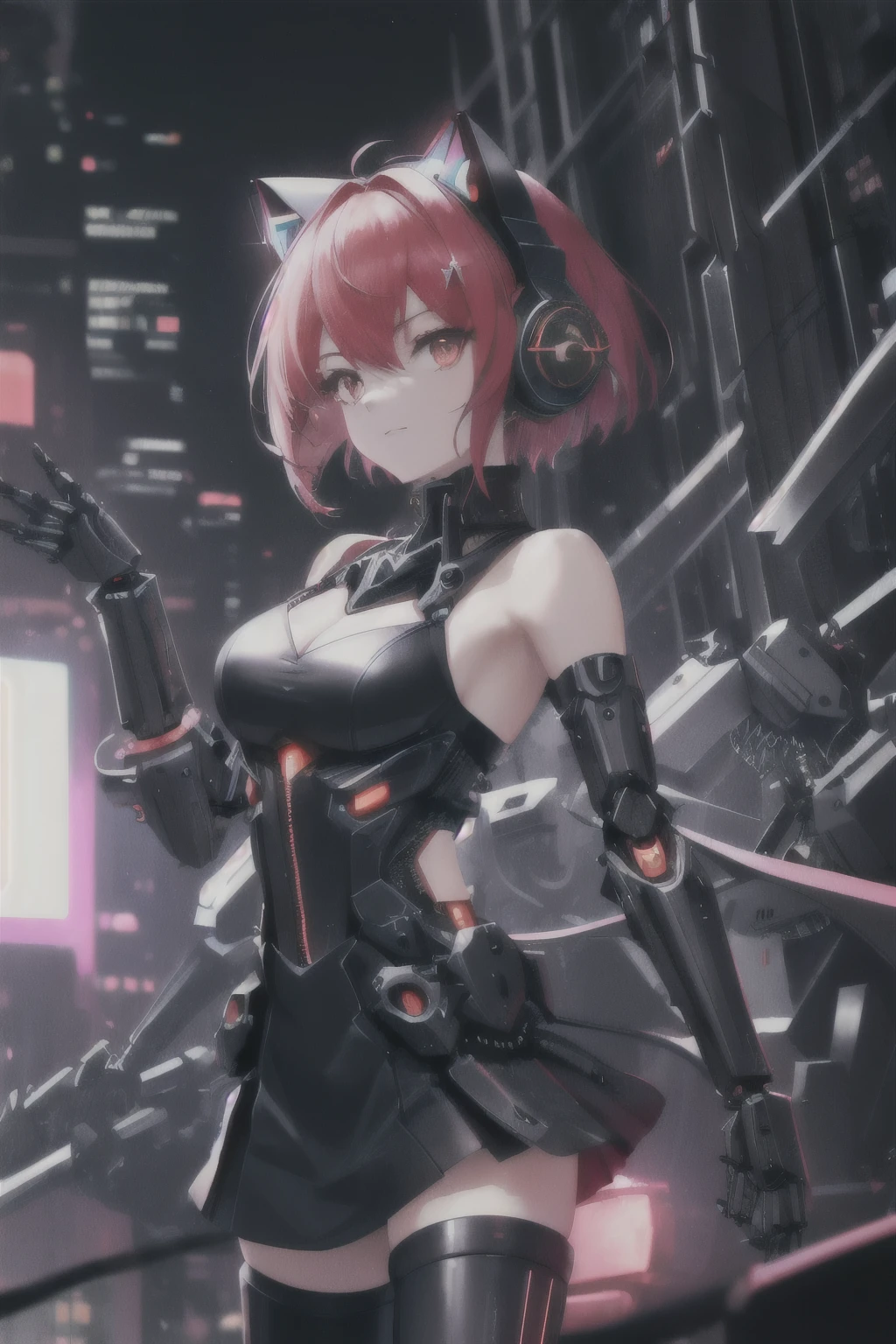 Absurdity, intricate details, highly detailed 8K wallpaper, (transcendent beautiful girl: 1.5), break, scarlet hair, short hair, (turn around), (beautiful bare back), (beautiful bare back), (beautiful bare shoulders), (exoskeleton mini dress), (red eye: 1.1), break, (mechanical joints, mechanical limbs: 1.4), perfect five fingers, cat-eared headphones, (black miniskirt), cyberpunk, dynamic angle, neon glowing city,