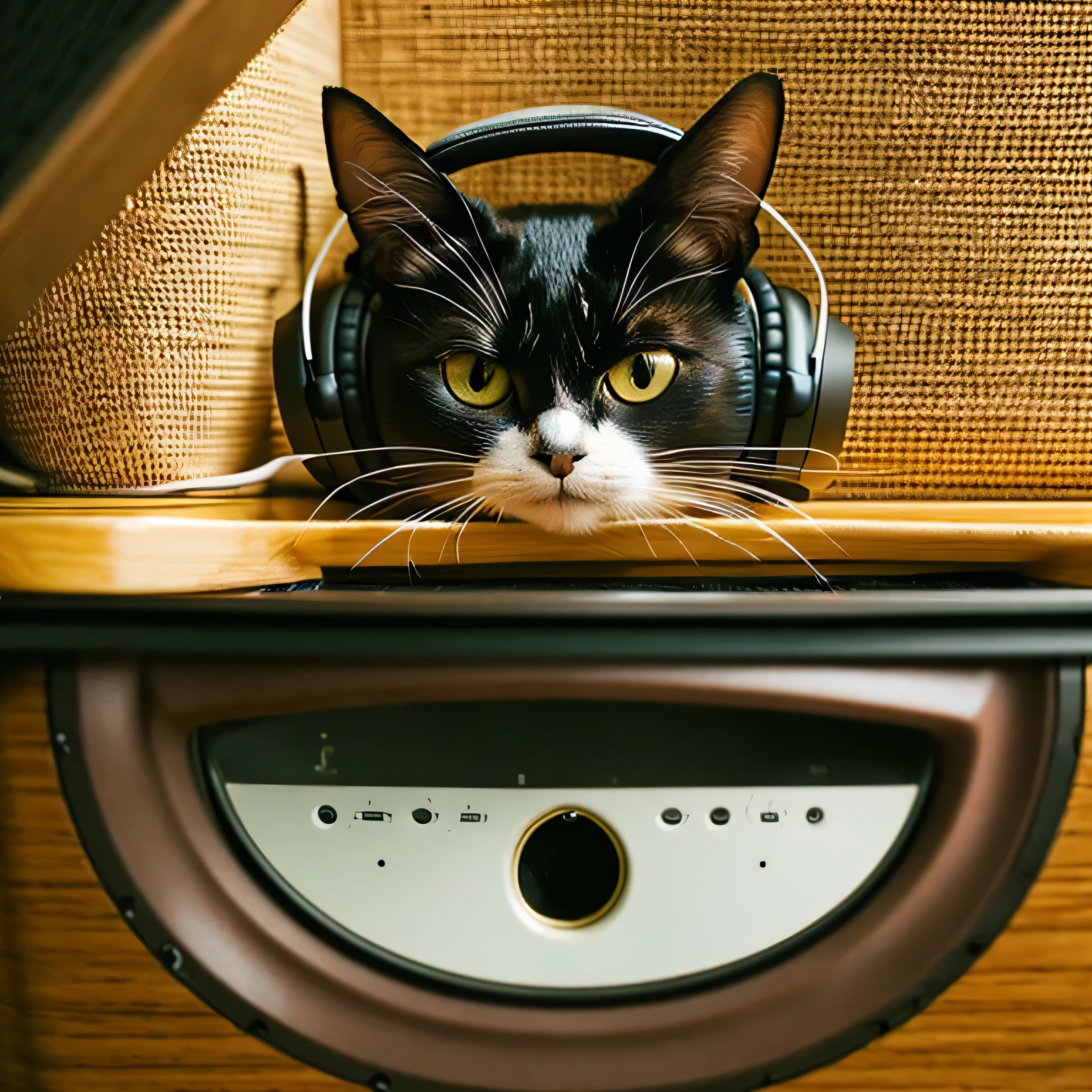 Cat wearing headphones sitting on a speaker、Sepia、relax、Face close-up
