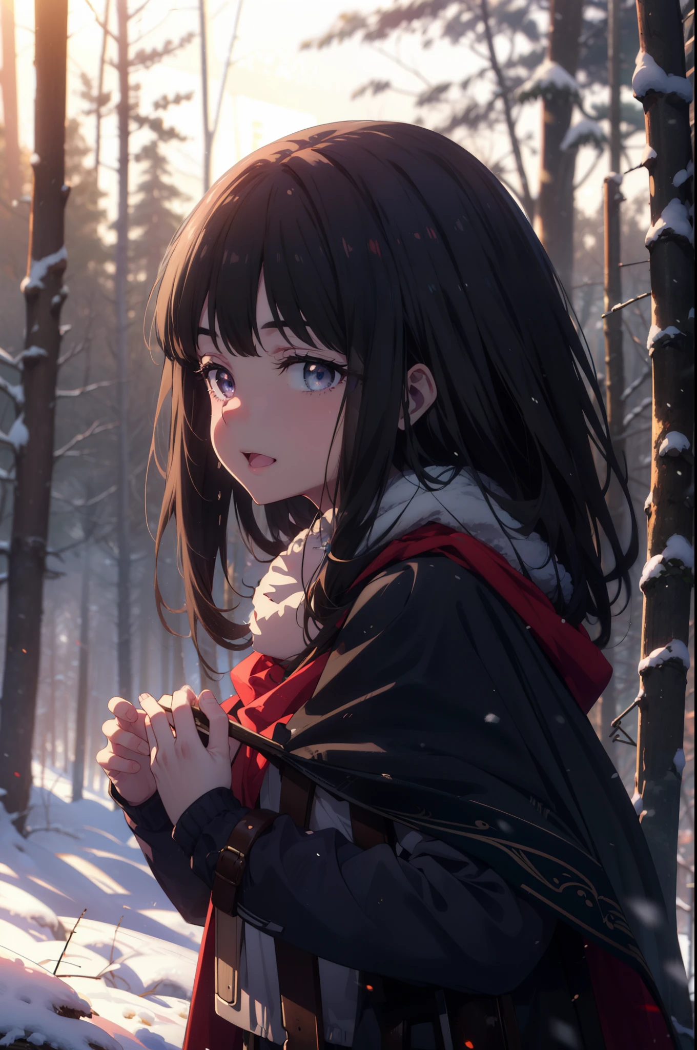 Takiuchi, Inoue Check, Long Hair, bangs, Black Hair, (Purple eyes:1.2),smile,
Open your mouth,snow, fire, Outdoor, boots, snowing, From the side, wood, suitcase, Cape, Blurred, forest,  nature, Squat,  Cape, winter, Written boundary depth, Black shoes, red Cape break looking at viewer, Upper Body, whole body, break Outdoor, forest, nature, break (masterpiece:1.2), highest quality, High resolution, unity 8k wallpaper, (shape:0.8), (Beautiful and beautiful eyes:1.6), Highly detailed face, Perfect lighting, Extremely detailed CG, (Perfect hands, Perfect Anatomy),

