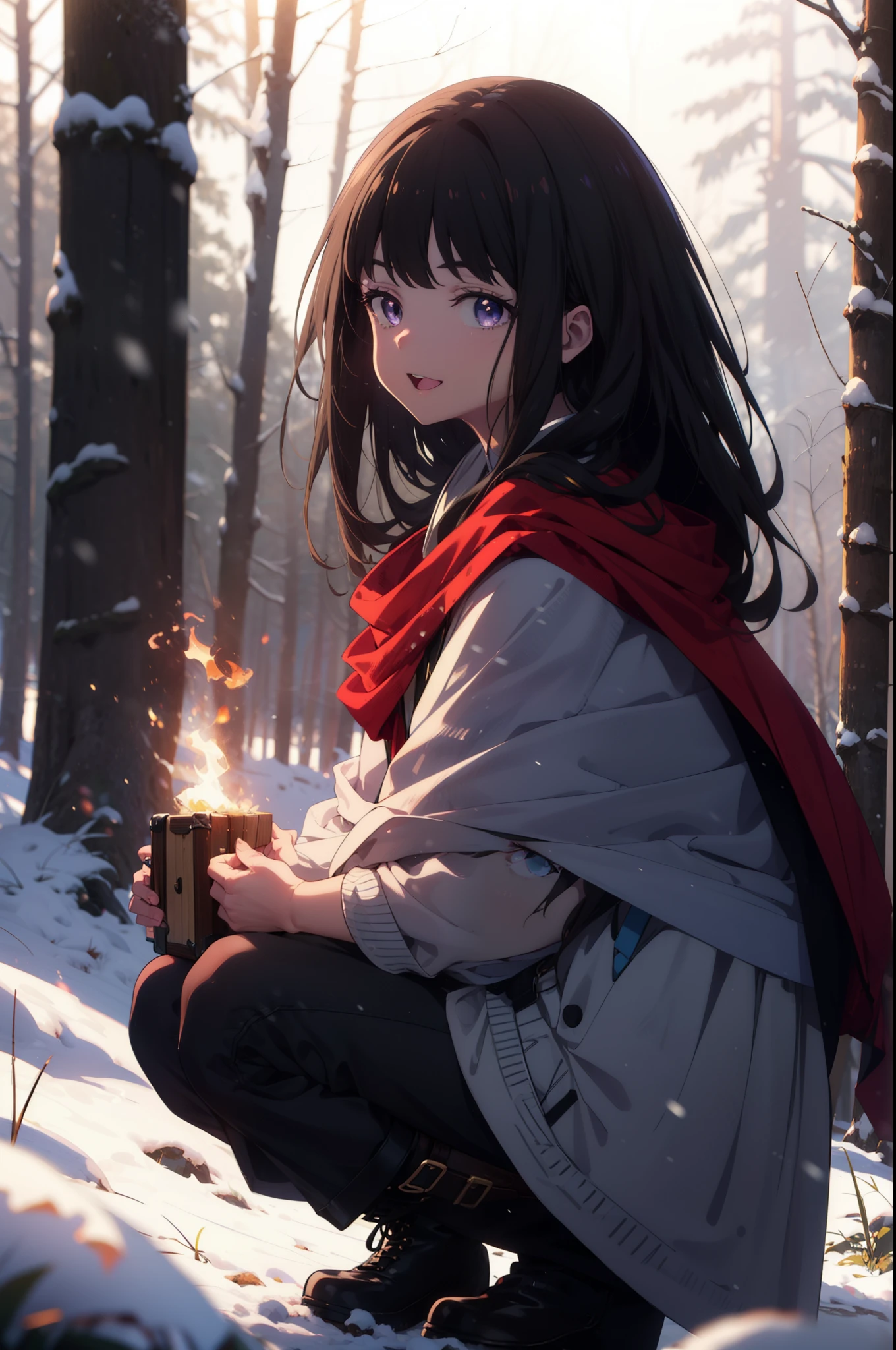 Takiuchi, Inoue Check, Long Hair, bangs, Black Hair, (Purple eyes:1.2),smile,
Open your mouth,snow,Bonfire, Outdoor, boots, snowing, From the side, wood, suitcase, Cape, Blurred, forest, nature, Squat, Cape, winter, Written boundary depth, Black shoes, blue Cape break looking at viewer, Upper Body, whole body, break Outdoor, forest, nature, break (masterpiece:1.2), highest quality, High resolution, unity 8k wallpaper, (shape:0.8), (Beautiful and beautiful eyes:1.6), Highly detailed face, Perfect lighting, Extremely detailed CG, (Perfect hands, Perfect Anatomy),