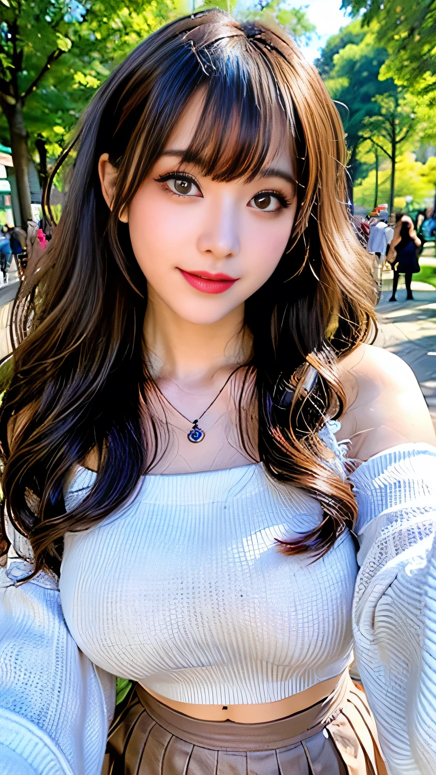 Full body camera angle、((highest quality、8K、Masterpiece: 1.3))、concentrate: 1.2、Cute Girl 1、Nipple erection、Perfect beauty: 1.4、Colorful off-the-shoulder T-shirtini skirt: 1.2、Long sleeve、Randall Color、Comics&Text Graphics、Black ruffle trim drawstring zip blouse、1.1、Highly detailed face and skin textures、fine grain、double eyelid、Whitening skin、highest quality、Ultra-high resolution、you、One girl、one person、_Shiny skin、Iris、necklace、Full body angle、walk in the park、 ((Brown_length_Wavy_hair)),(lips))、eyelash、bangs、process、Correction、Shine、pores、Skin type、Big Breasts、smile、lively、Selfie