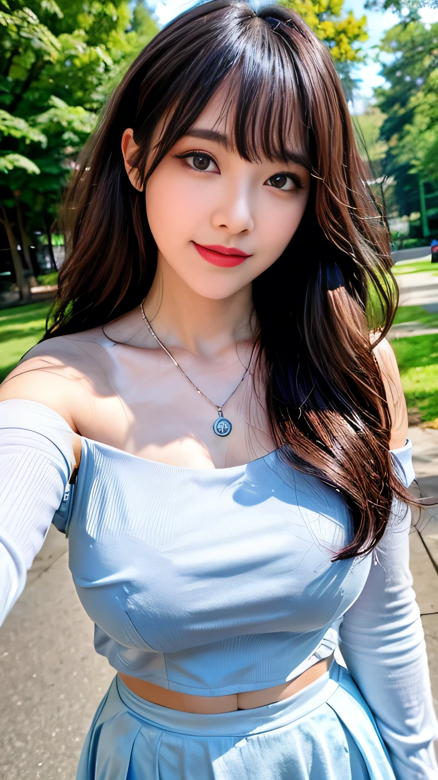 Full body camera angle、((highest quality、8K、Masterpiece: 1.3))、concentrate: 1.2、Cute Girl 1、Nipple erection、Perfect beauty: 1.4、Colorful off-the-shoulder T-shirtini skirt: 1.2、Long sleeve、Randall Color、Comics＆Text Graphics、Black ruffle trim drawstring zip blouse、1.1、Highly detailed face and skin textures、fine grain、double eyelid、Whitening skin、highest quality、Ultra-high resolution、you、One girl、one person、_Shiny skin、Iris、necklace、Full body angle、walk in the park、 ((Brown_length_Wavy_hair)),(lips))、eyelash、bangs、process、Correction、Shine、pores、Skin type、Big Breasts、smile、lively、Selfie