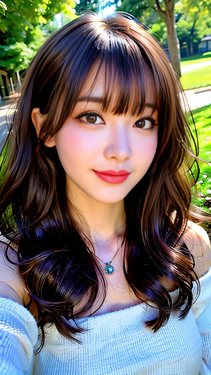 Full body camera angle、((highest quality、8K、Masterpiece: 1.3))、concentrate: 1.2、Cute Girl 1、Nipple erection、Perfect beauty: 1.4、Colorful off-the-shoulder T-shirtini skirt: 1.2、Long sleeve、Randall Color、Comics&Text Graphics、Black ruffle trim drawstring zip blouse、1.1、Highly detailed face and skin textures、fine grain、double eyelid、Whitening skin、highest quality、Ultra-high resolution、you、One girl、one person、_Shiny skin、Iris、necklace、Full body angle、walk in the park、 ((Brown_length_Wavy_hair)),(lips))、eyelash、bangs、process、Correction、Shine、pores、Skin type、Big Breasts、smile、lively、Selfie