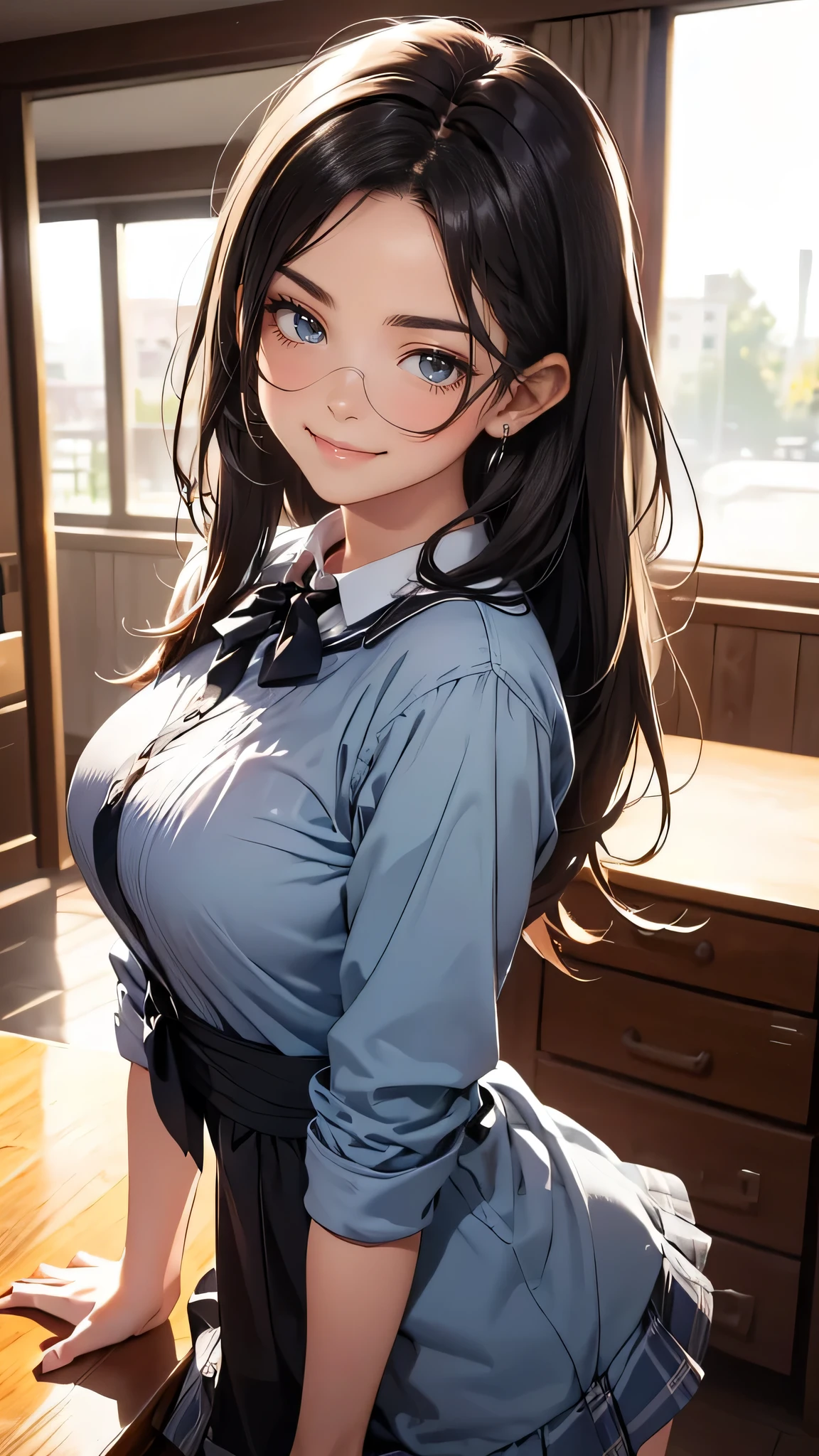 looking at viewer,high school girl,leaning forward,(random cute clothes),(random Lively pose),(Thin type),(large breasts),(random hairstyle),(Highest image quality, (8K), Ultra-realistic, Best Quality, High quality, High Definition, high quality texture, high detailing, Beautiful detailed, fine detailed, extremely details CG, Detailed texture, realistic representation of face, masterpiece, presence),(wearing glasses:1.1)