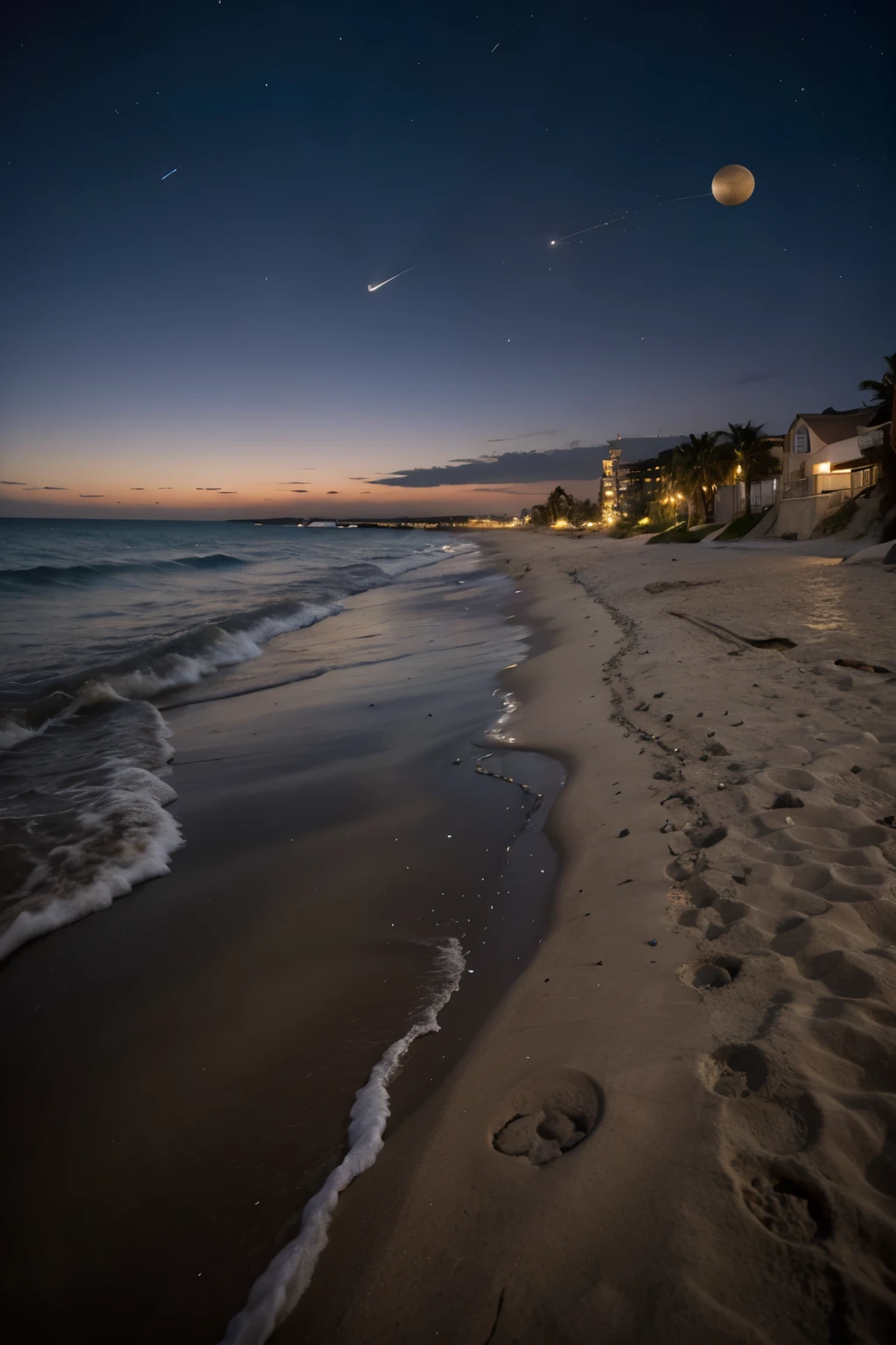 una playa de noche, with violet atmosphere and two planets in the background