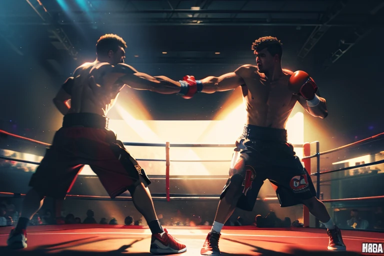 uppercut punch in boxing match, boxing match, dynamic, dramatic, Volumetric Lighting, backlighting, (Highly detailed), (high resolution), (Best quality), (masterpiece)
