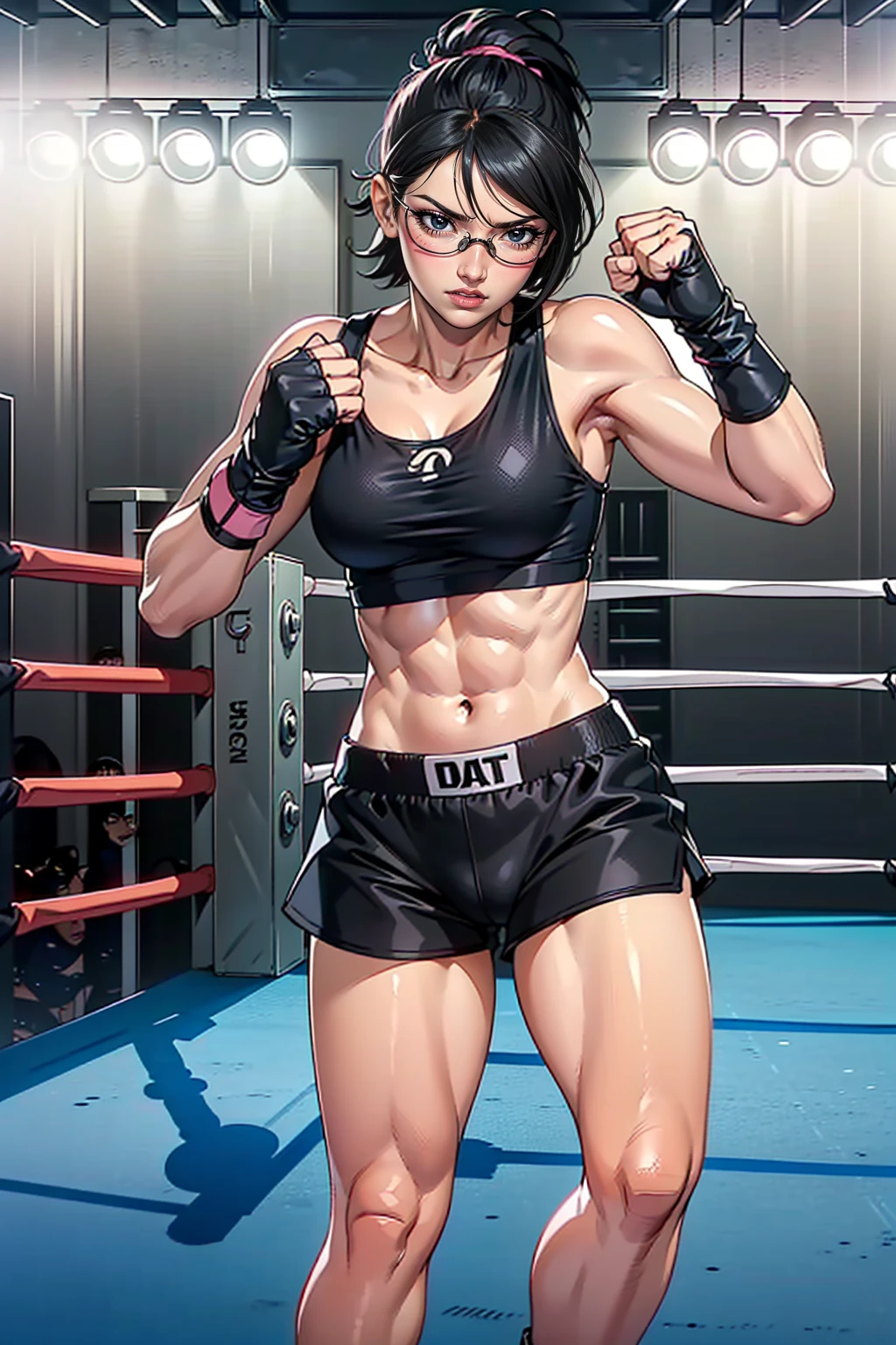 (1girl, Alone, alone), (WakatsukiRisa, Sarada uchiha, black hair, short hair, Black eyes, red glasses), ((Alone, (1woman,pink lipstick, Black eyes), extremely detailed , Soft ambient lighting, 4K, perfect eyes, a perfect face, Perfect Lighting, the 1 girl)), ((fitness, , shapely body, athletic body, toned body)) , ((woman boxer, boxer, black shorts, women's sports tank top, black tank top, hands fixed, fists, fighting stance, high guard, closed hands, fighting ring, boxing arena, stadium, spotlights, corner))