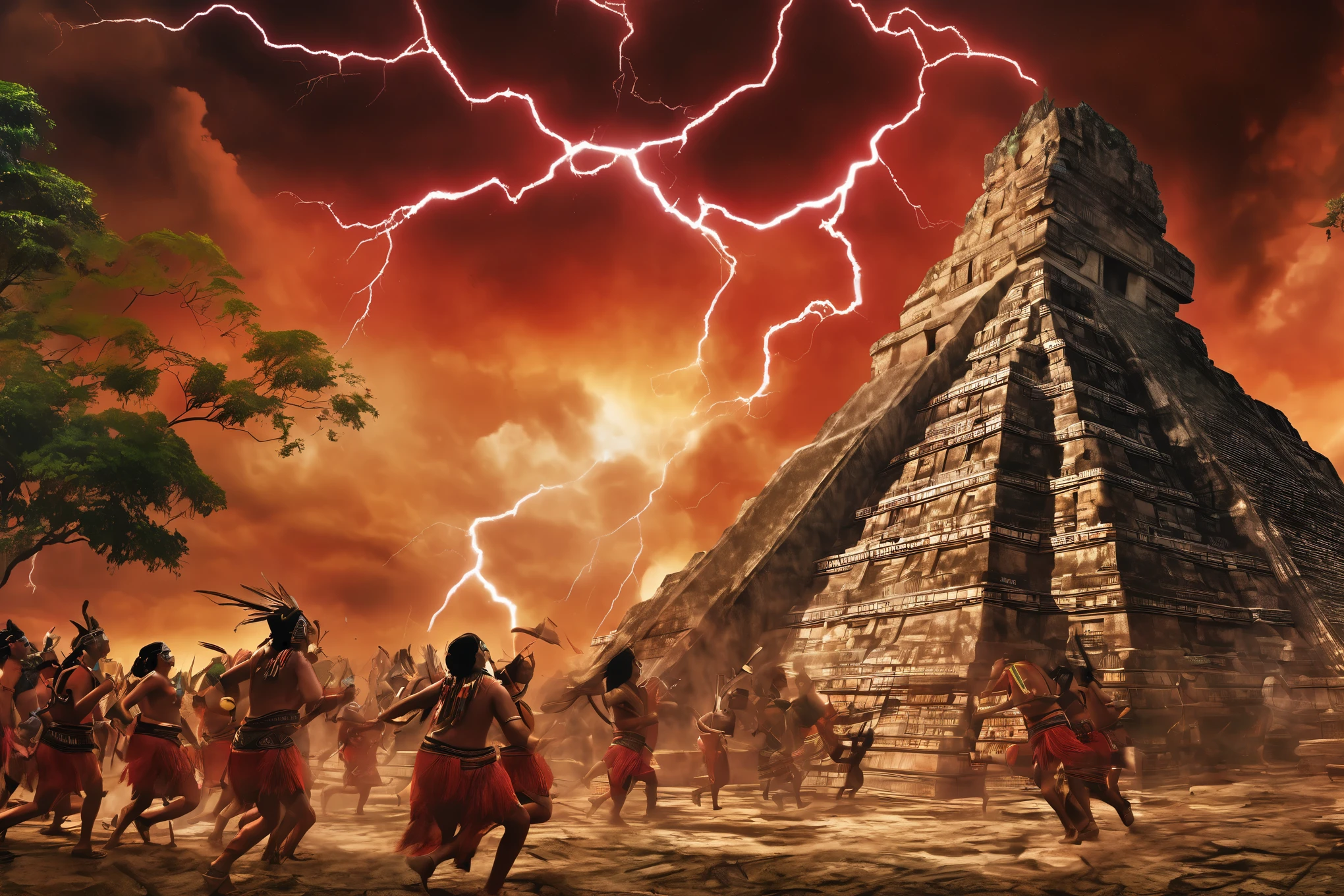 Maya civilization, apocalipse event, highly detailed maya people, maya people running, maya people falling down, maya people dying, maya people dying running, scared, magic, mystical, ritualistic, severed head, human sacrifice, storm, lightning, rain, demon, apocalypse, maya people, chaos, red sky, cinematic lighting, Ultra-Wide Angle, panorama, UHD, retina, masterpiece, super detail, award winning, best quality, 4K, ultra photo realistic, ultra photorealism, digital print