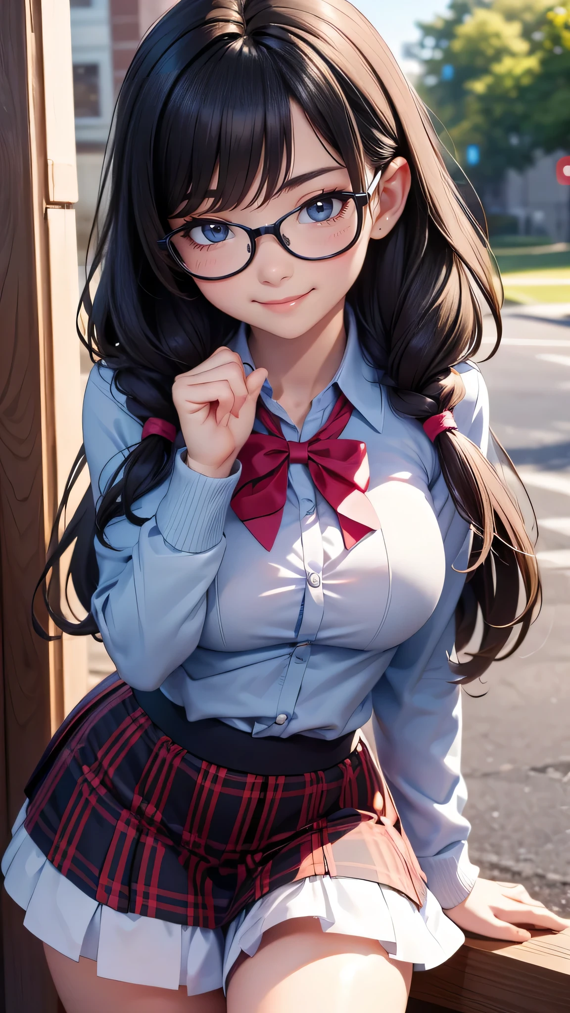 looking at viewer,high school girl,leaning forward,(random cute clothes),(random Lively pose),(Thin type),(large breasts),(random hairstyle),(Highest image quality, (8K), Ultra-realistic, Best Quality, High quality, High Definition, high quality texture, high detailing, Beautiful detailed, fine detailed, extremely details CG, Detailed texture, realistic representation of face, masterpiece, presence),(wearing glasses:1.1)