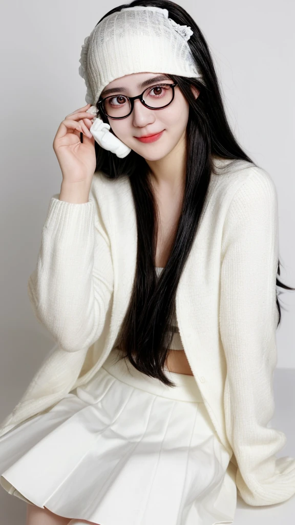 1girl,black hair,white sweeter,white skirt,glasses,slight smile