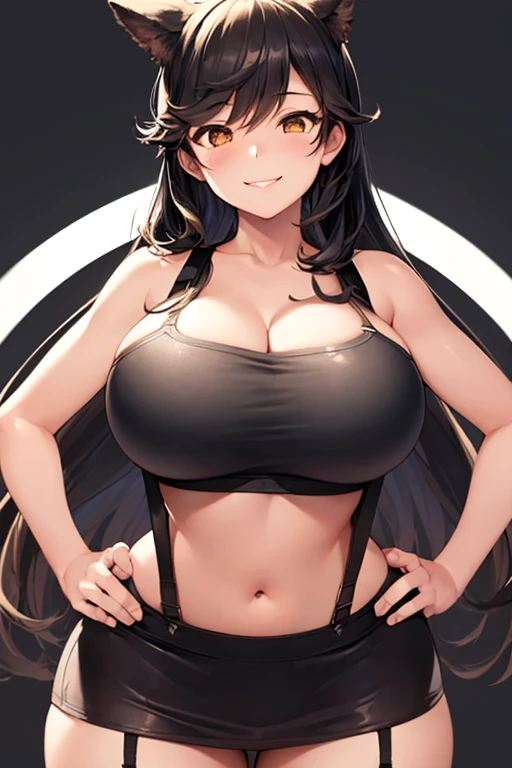 ((1girl)), perfect face, atago, black hair, long hair, brown eyes, animal ears, ((dark background)), ((facing forward)), cowboy shot, lustful smile, in the center, ((giant breasts)), ((bending over)), ((hands on hips)), perfect hands, correct number of fingers, ((white sports bra, black skirt, black suspenders)),