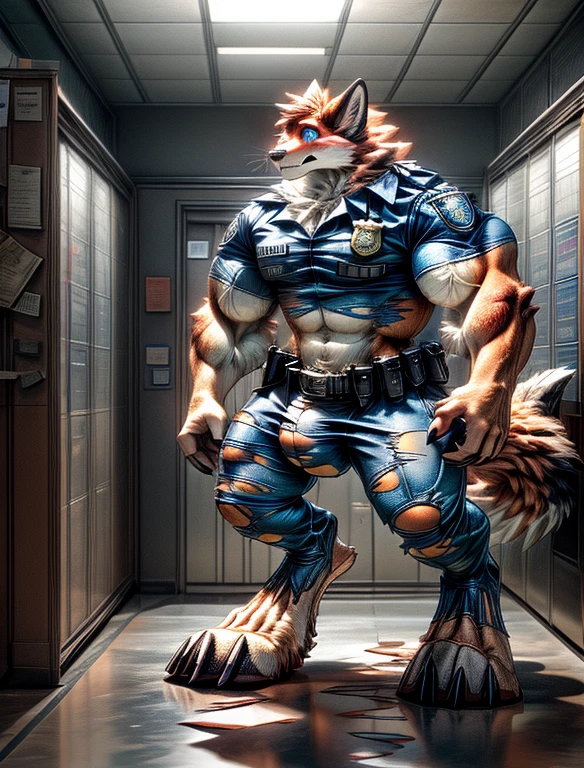 A human police officer (((((partially transformed))))) into an (anthro muscle red fox, blue eyes) in a (police station). (((human legs))), ((big paws)), (shocked expression), (ripped clothing), ((police uniform)), broad shoulders, big biceps, big pecs, big thighs, big bulge (((big feet))), (detailed fox face), male focus, detailed eyes, high quality, best quality, concept art, photorealistic (((midtransformation))), ((torn boots))