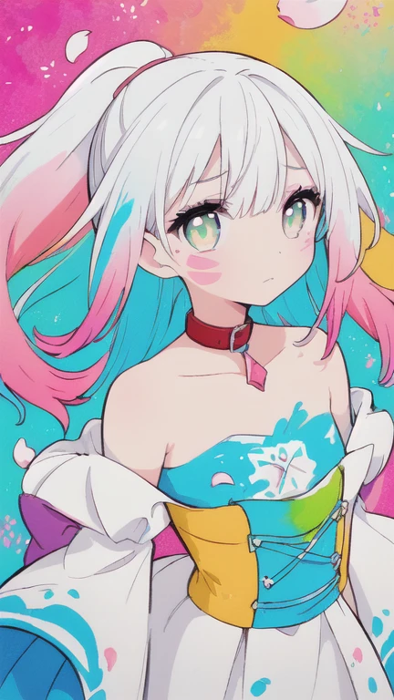 (Pink Fashion T-shirt:1.9),(Colorful hair: 1.8), (all the colours of the rainbow: 1.8),(((((vertical painting:1.6))), (painting:1.6),front, comics, illustrations, paintings, large eyes, crystal clear eyes,( rainbow color gradient high ponytail:1.7), exquisite makeup, closed mouth,(Small Fresh: 1.5),(Wipe Chest: 1.6) ,long eyelashes, white off shoulder T-shirt, long dress detached sleeves, Jewlery looking at the audience, large watery eyes, (rainbow colored hair:1.6), color splash, (solo:1.8), color splash, color explosion, thick paint style, messy lines, ((shining)),(colorful), (colorful), (colorful), colorful, Thick Paint Style, (Splash) (Color Splash), Vertical Painting, Upper Body, Paint Splash, Acrylic Pigment, Gradient, Paint, Highest Image Quality, Highest Quality, Masterpiece, Solo, Depth of Field, Face Paint, colorful clothes, (Elegant: 1.2), gorgeous,long hair, wind, (Elegant: 1.3), (Petals: 1.4),(((masterpiece))),(((best quality))),((ultra-detailed)),(illustration),(dynamic angle),((floating)),(paint),((disheveled hair)),(solo),(1girl) , (((detailed anima face))),((beautiful detailed face)),collar,bare shoulders,white hair, ((colorful hair)),((streaked hair)),beautiful detailed eyes,(Gradient color eyes),(((colorful eyes))),(((colorful background))),(((high saturation))),(((surrounded by colorful splashes))),