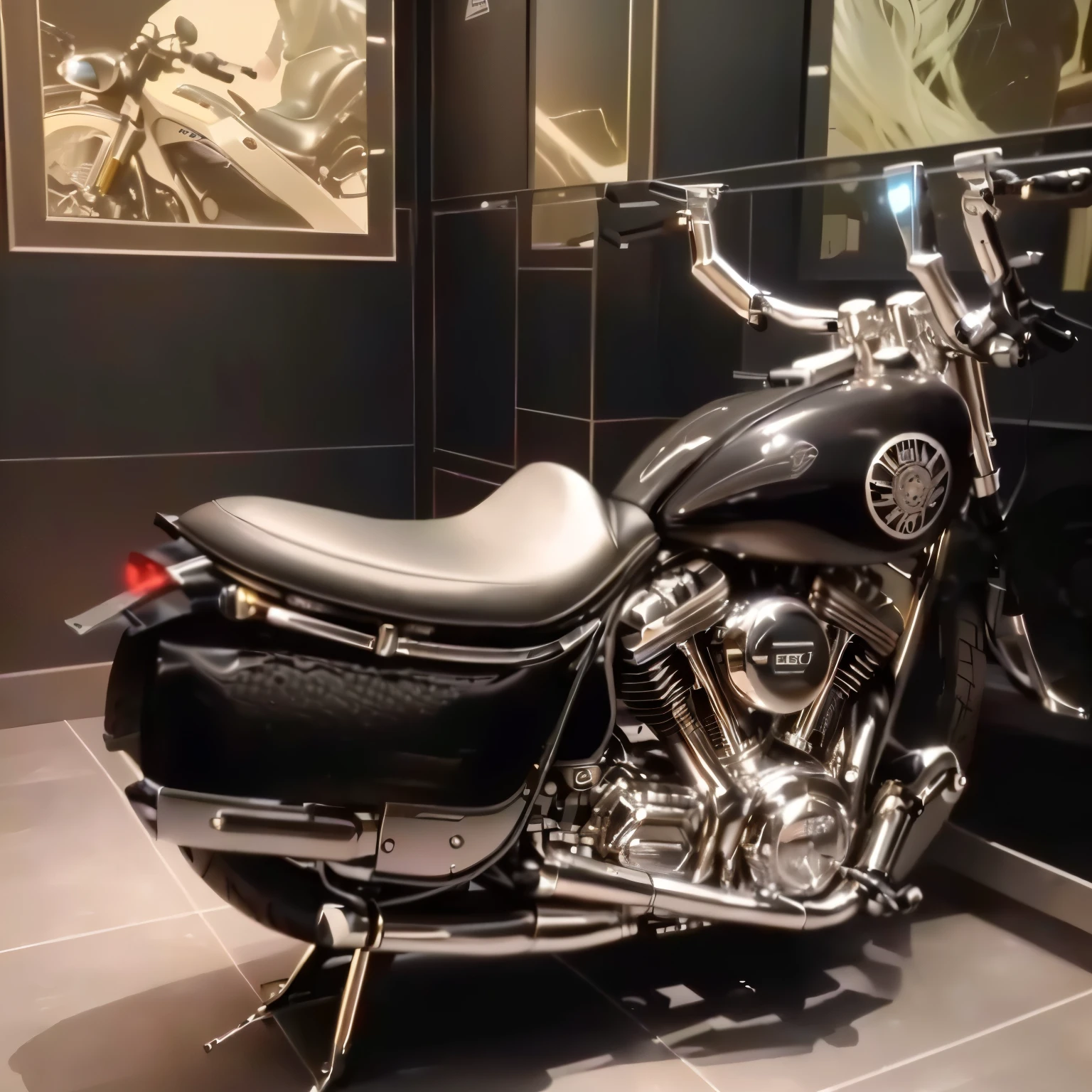 there is a motocicleta that is on display in a museum, in the style of chrome hearts, 🔥 😎 🕹️ 👀 :2, motocicleta, Harley Davidson motorbike, Harley Davidson, cadeira de jogos como banheiro, 🔞🤡, 🕹️ 😎 🔫 🤖 🚬, banheiro de jogos, futuristic motocicleta, lady gaga harley rainha, oh meu deus, com grandes tubos cromados