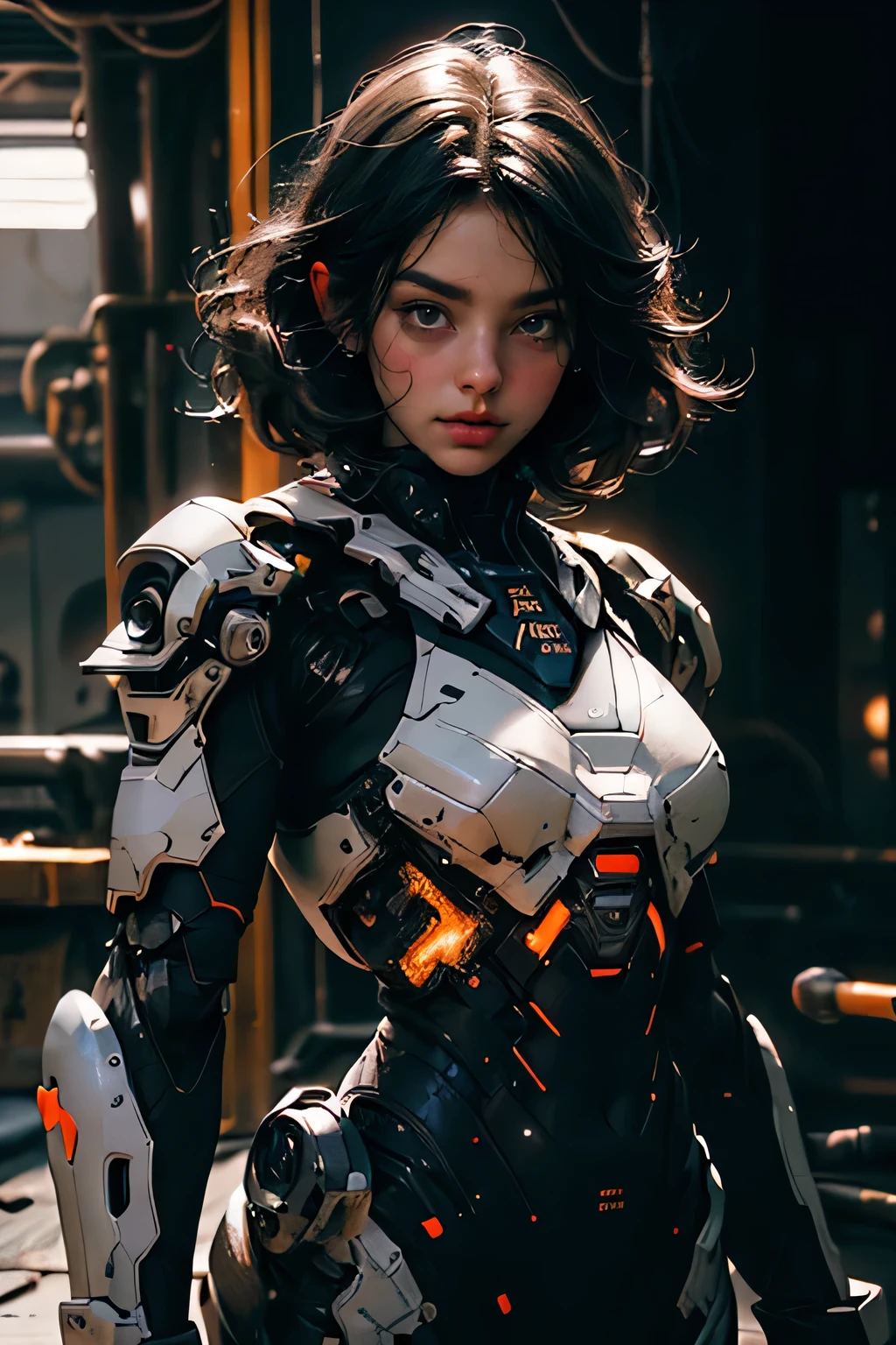 cgmech, beautiful eyes, upper body, underboob, portrait, robot,white orange armor, shimmering black hair, neon light, 8K, RAW, best quality, masterpiece, ultra high res, colorful, (medium wide shot), (dynamic perspective), sharp focus , (depth of field, bokeh:1.3), extremely detailed eyes and face, beautiful detailed eyes,large breasts,(black gold, trimmed gear:1.2),(In a futuristic weapons factory:1.2), ((masterpiece, best quality)), Detailed background, spaceship interior
