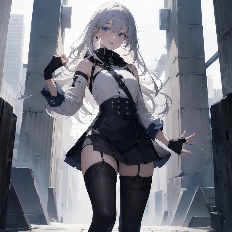 (Masterpiece, Best quality, ultra high resolution), 1 girl, Silver hair, Pale skin, Beautiful detailed face, Detailed eyes, posing on a, On a white background, Dynamic lighting, dynamic shadowing, looking at viewer, White stone punk fashion,(Posing for a photo),((White clothes)), (((black thigh highs))), jean shorts, skirt, white sweater, ((Blue eyes)), happy, smiling, black straps, black strap design, ((Long white hair)), energetic, cheerful, cityscape background, (((long black sleeves into fingerless black gloves))), ((long black sleeves)), black sleeves