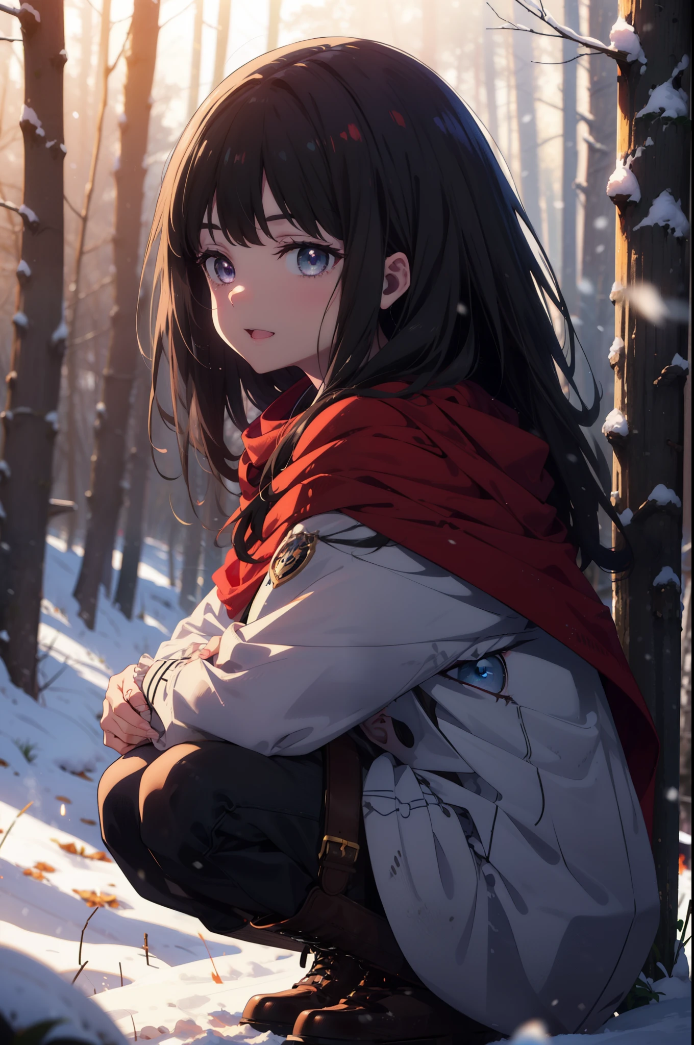 Takiuchi, Inoue Check, Long Hair, bangs, Black Hair, (Purple eyes:1.2),smile,
Open your mouth,snow, fire, Outdoor, boots, snowing, From the side, wood, suitcase, Cape, Blurred, forest,  nature, Squat,  Cape, winter, Written boundary depth, Black shoes, red Cape break looking at viewer, Upper Body, whole body, break Outdoor, forest, nature, break (masterpiece:1.2), highest quality, High resolution, unity 8k wallpaper, (shape:0.8), (Beautiful and beautiful eyes:1.6), Highly detailed face, Perfect lighting, Extremely detailed CG, (Perfect hands, Perfect Anatomy),
