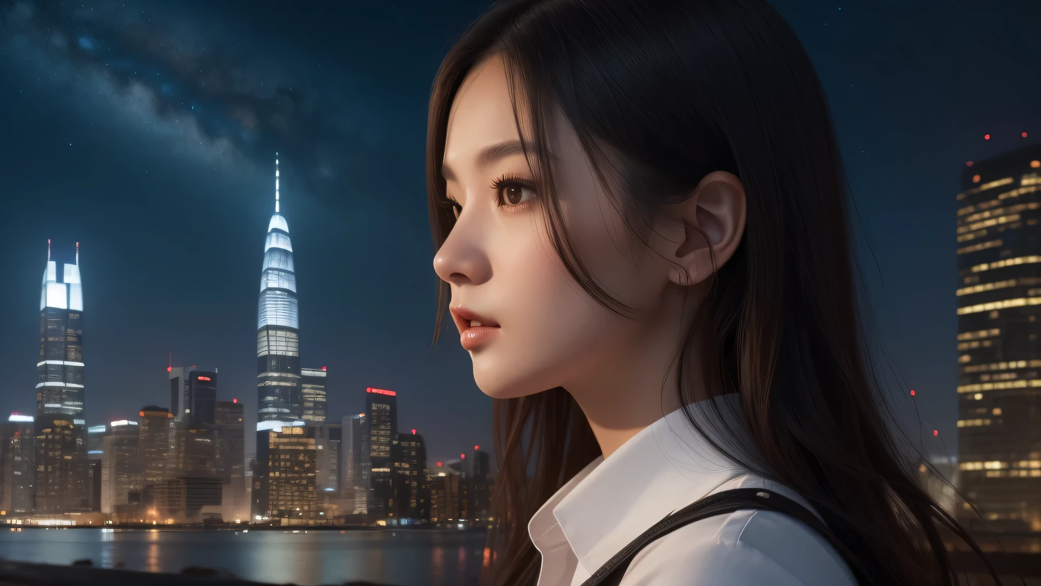 (1girl), (Best Quality:1.4), Realistic, extremely detailed CG unified 8k wallpaper, highly detailed, High-definition raw color photos, professional photography, Realistic portrait, Beautiful detailed, (Fine face:1.2), Close up portrait of girl, Outdoors, (night sky, night view, night view of skyscrapers), side view