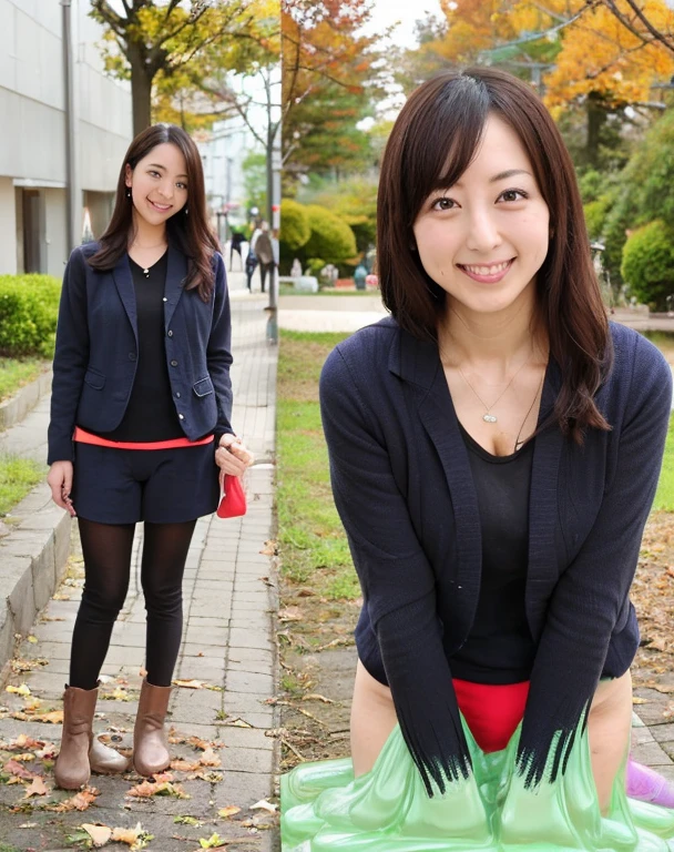 knitted sweater jacket,(Big boobs:1.2),cleveage,穿Black underwear,black slime shapeshifter,looking at the audience,Smile, Black underwear、cleveage,Long hair ,Pretty Face,cute appearance,confident girl,Slime with melted lower body,In the park,There are many maple leaves,autumn,