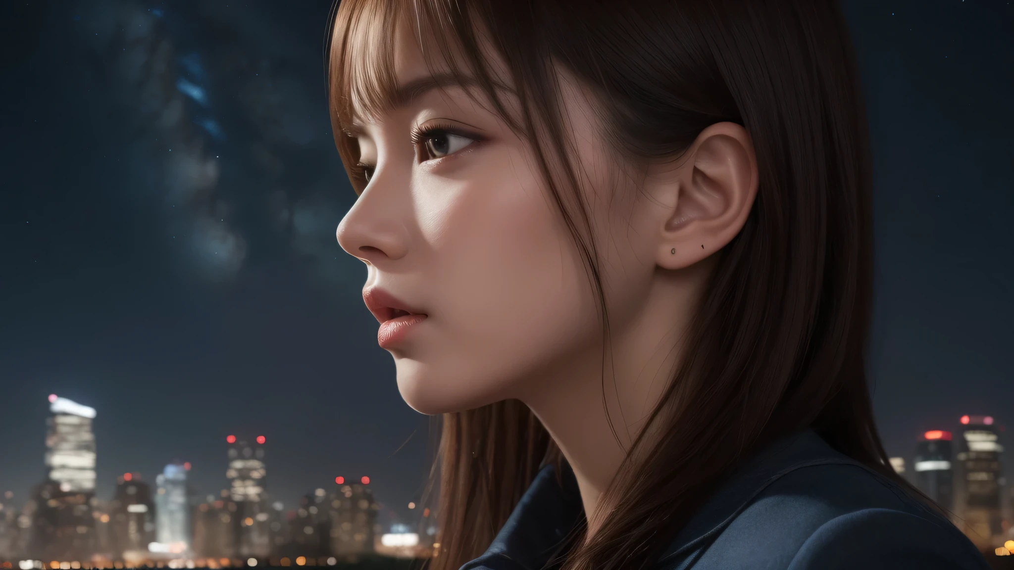 (1girl), (Best Quality:1.4), Realistic, extremely detailed CG unified 8k wallpaper, highly detailed, High-definition raw color photos, professional photography, Realistic portrait, Beautiful detailed, (Fine face:1.2), Close up portrait of girl, Outdoors, (night sky, night view, night view of skyscrapers), side view