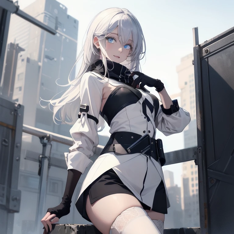 (Masterpiece, Best quality, ultra high resolution), 1 girl, Silver hair, Pale skin, Beautiful detailed face, Detailed eyes, posing on a, On a white background, Dynamic lighting, dynamic shadowing, looking at viewer, White stone punk fashion,(Posing for a photo),((White clothes)), (((black thigh highs))), jean shorts, skirt, white sweater, ((Blue eyes)), happy, smiling, black straps, black strap design, ((Long white hair)), energetic, cheerful, cityscape background, (((long black sleeves into fingerless black gloves))), ((long black sleeves)), black sleeves