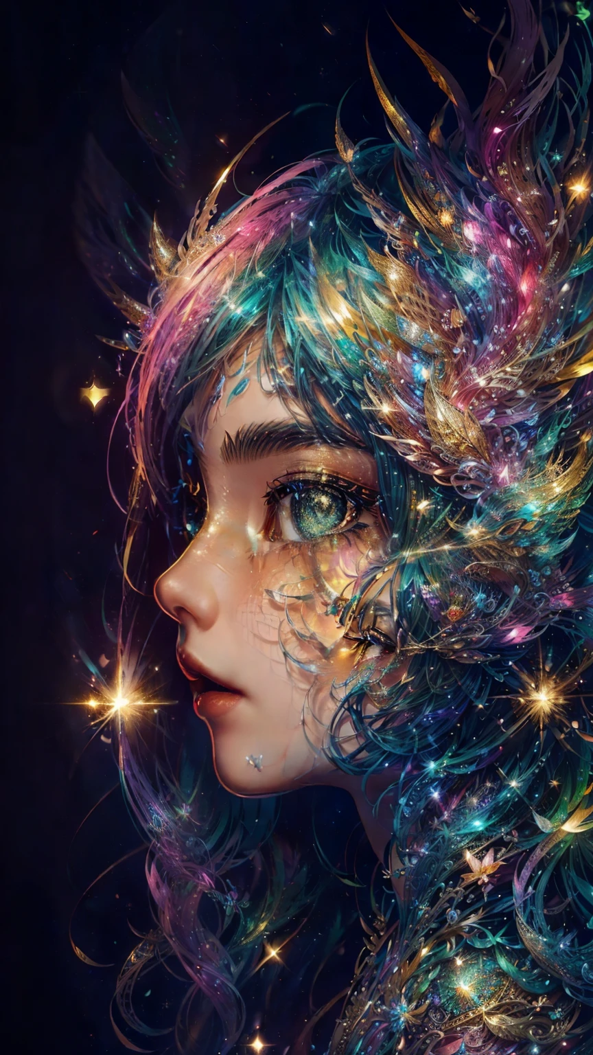 This is a highly detailed and semi-realistic fantasy art image with beautiful layers of shimmer, glimmering silks, and a glittering aesthetic. Create a beautiful and bold dragon woman. She should have intricate and elegant horns, detailed and multi-colored scales, and a striking face. Her eyes are highly detailed with realistic shading and realistic details. Include soft pastels with unexpected pops of bright color. Use compelling composition techniques and fantasy lighting to create a cinematic and unforgettable atmosphere. (((masterpiece))), (((best quality))), ((ultra-detailed)), (highly detailed CG illustration)