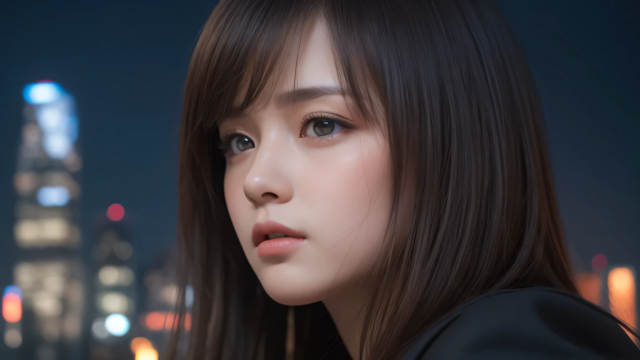 A woman with long hair and a black jacket looking at the camera - SeaArt AI
